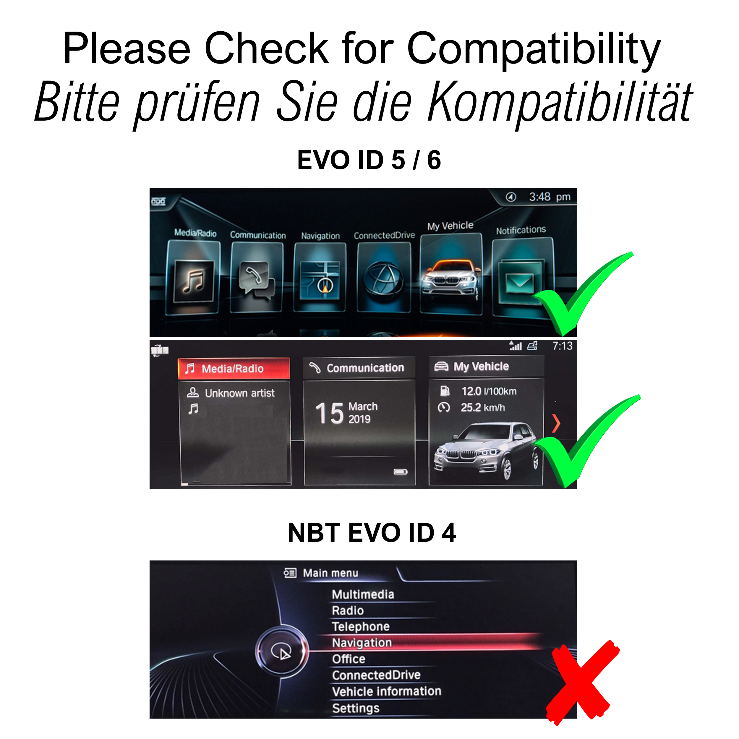 Vergleich von Auto-Navigationsbildschirmen, zeigt Kompatibilitätsprüfung mit grünen Haken und rotem X.