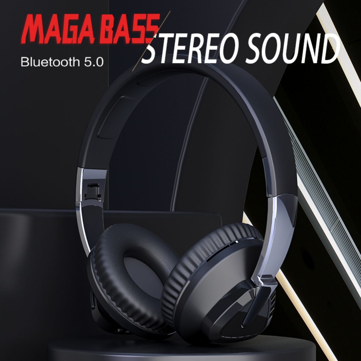 Schwarze Kopfhörer mit Text "MAGA BASS STEREO SOUND" und Bluetooth 5.0.