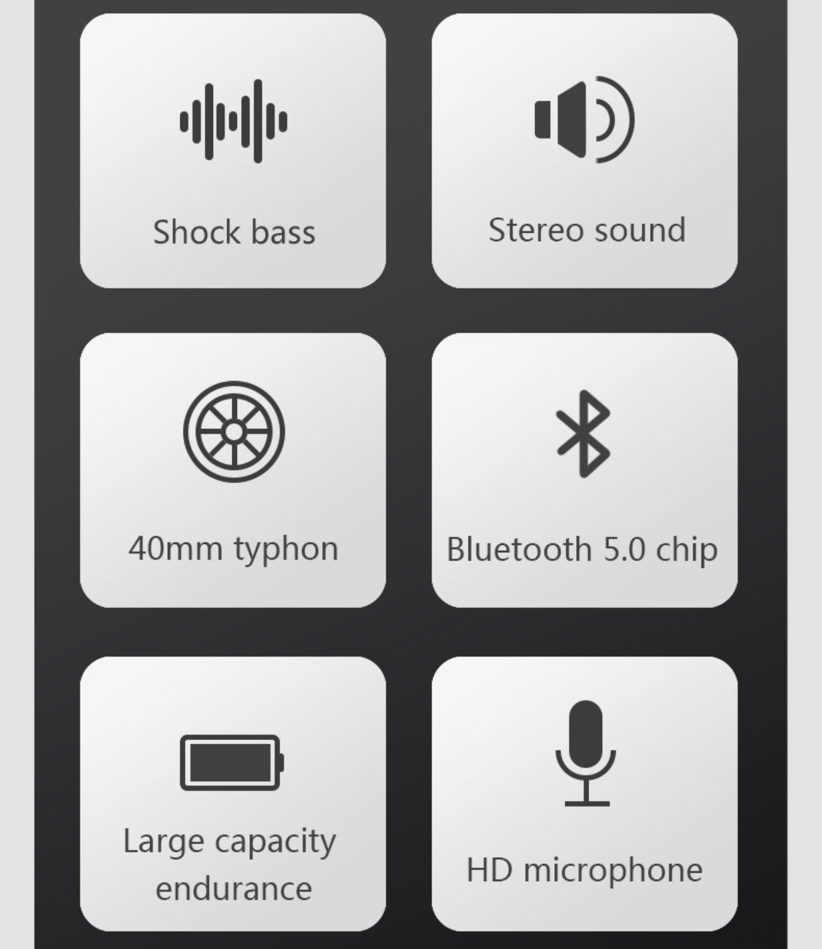 Das Bild zeigt Symbole für Schockbass, Stereoklang, 40-mm-Typhon, Bluetooth 5.0-Chip, große Kapazität und HD-Mikrofon.