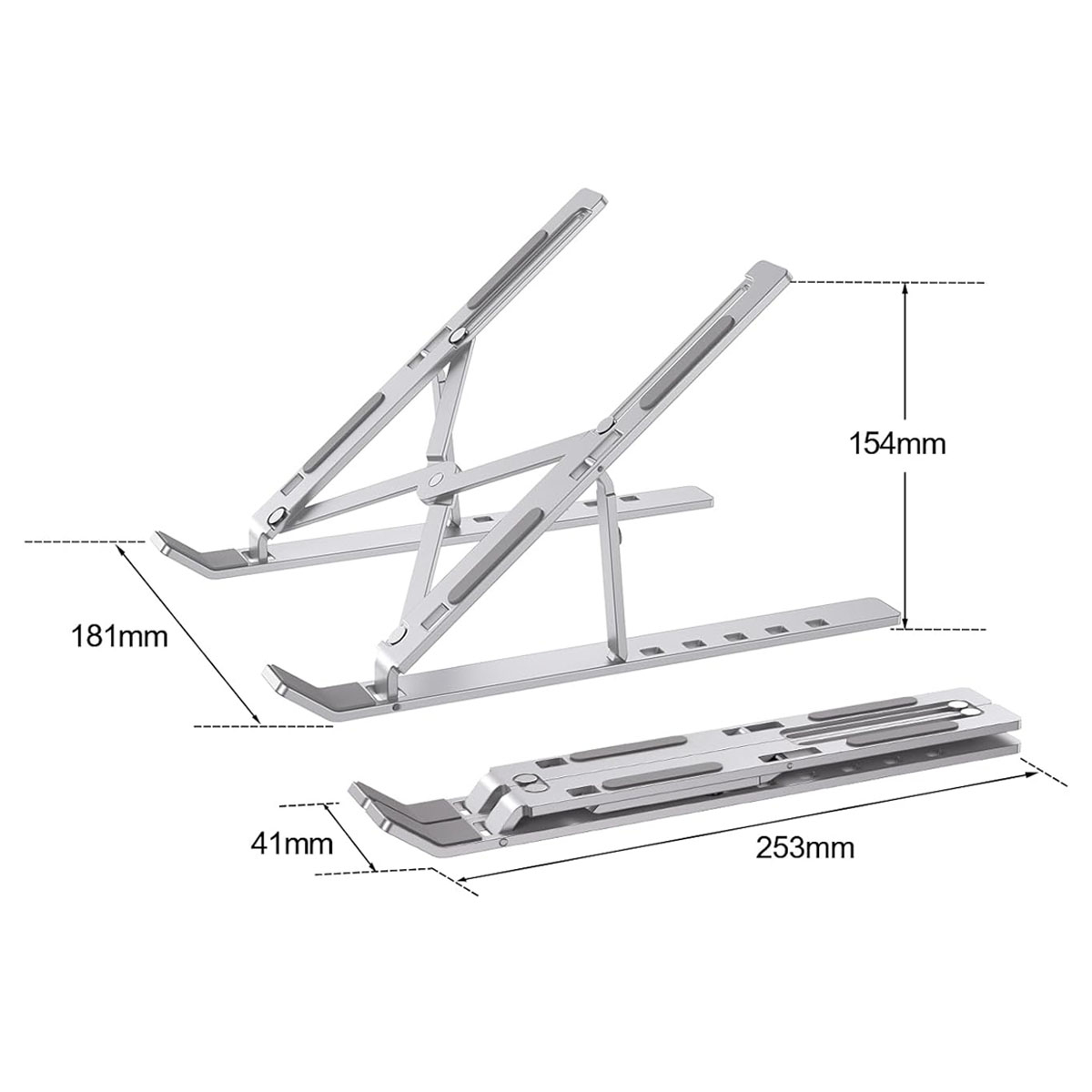 Silberner Laptopständer, gefaltet und geöffnet, mit Maßen.