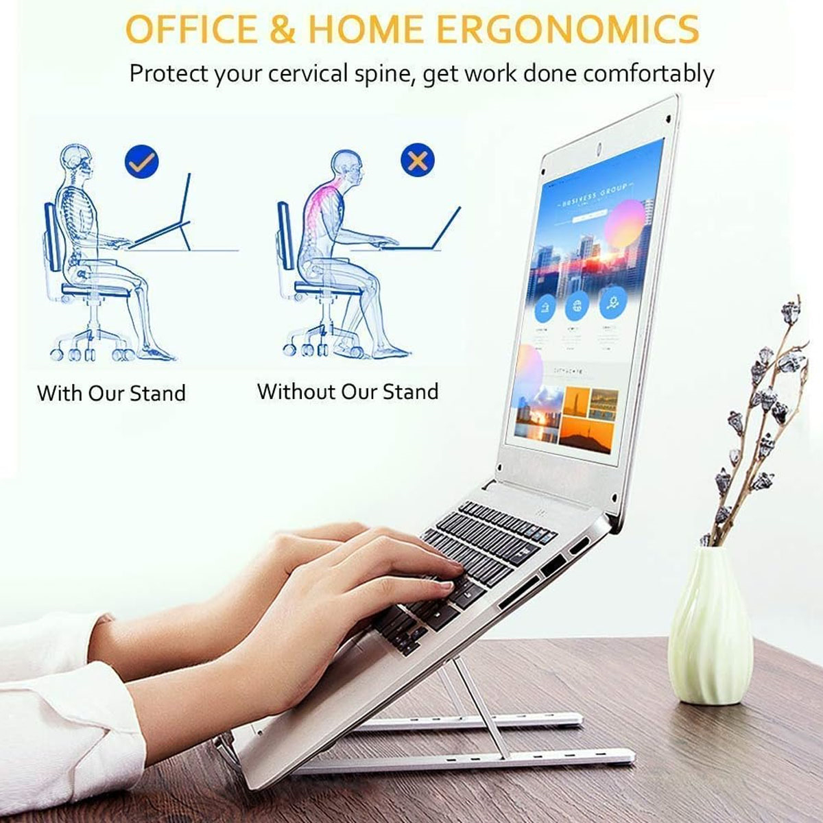 Ergonomischer Aufbau: Laptop auf Ständer vs. schlechte Körperhaltung. Hände tippen auf Laptop-Tastatur auf einem Holztisch.