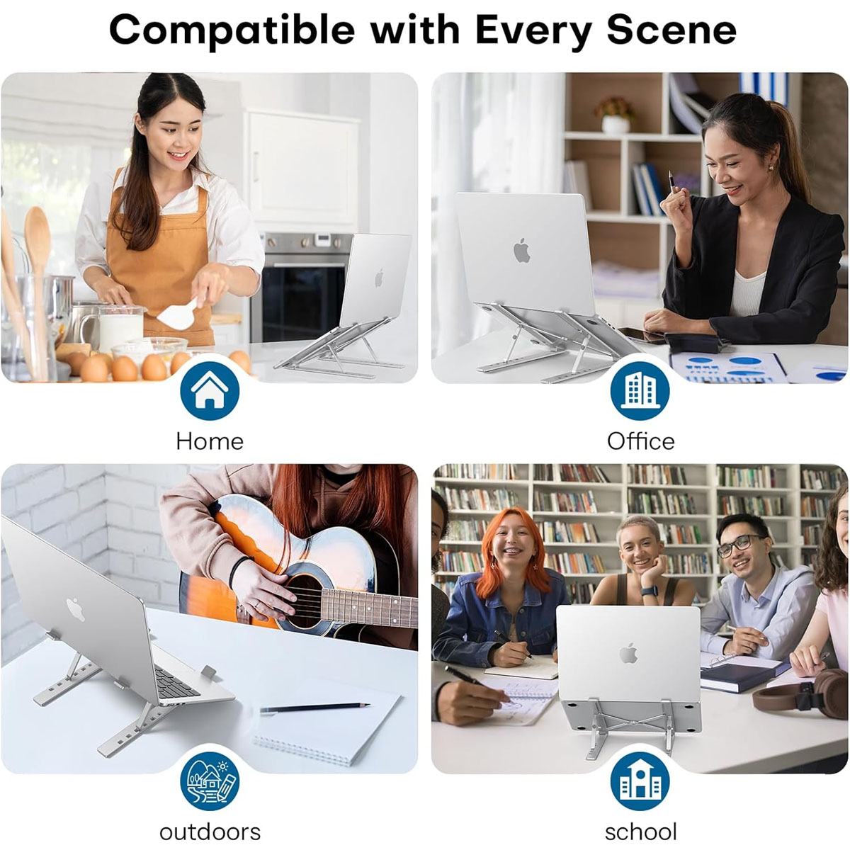 Vier Bilder, die die Laptopnutzung in verschiedenen Umgebungen zeigen: Zuhause, Büro, draußen und Schule.