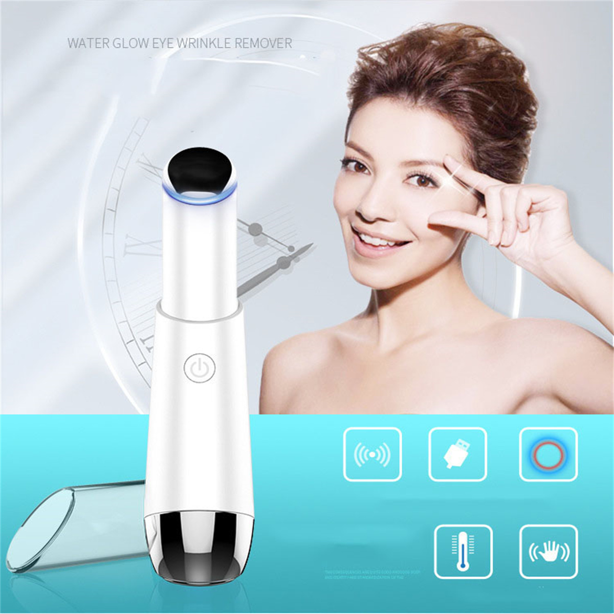 Frau mit Augen-Falten-Entfernungsgerät. Weißes Gerät, blaues Licht. Weißer Hintergrund. Text auf dem Bild.