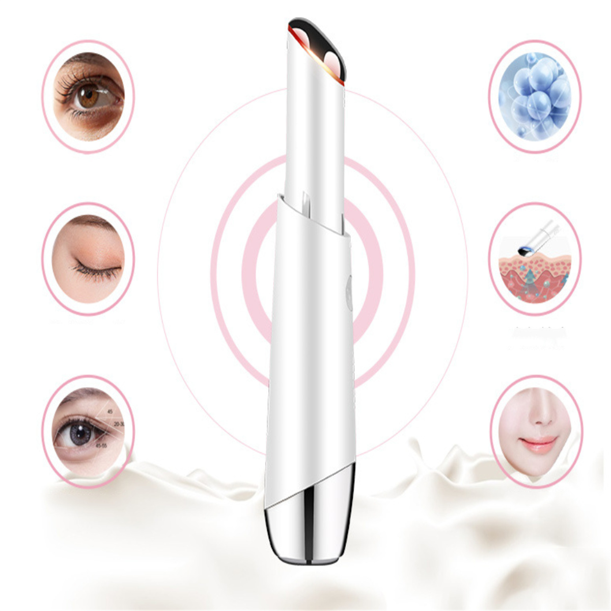 Weißes Schönheitsgerät, Nahaufnahmen der Augen. Kosmetikserum- und Hautzellbilder sind ebenfalls enthalten.