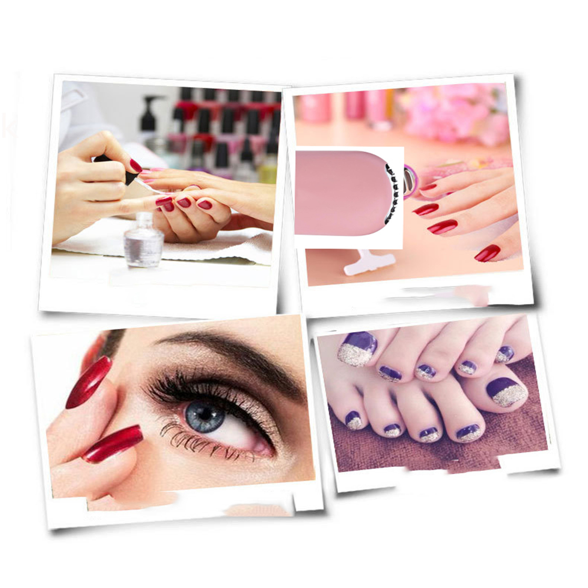 Collage von Bildern von Nagelkunst. Hände mit roten Nägeln, Auge mit roten Nägeln, Füße mit Nagelkunst.