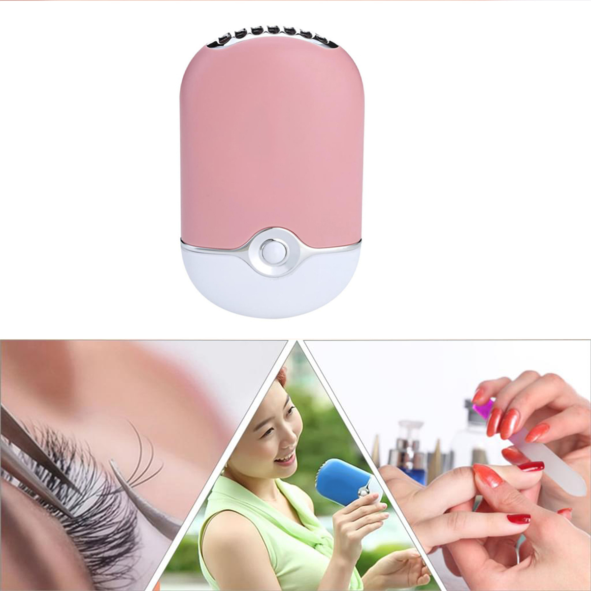Ein rosa Beauty-Gadget mit Bildern von Wimpernverlängerungen, einer Frau und einer Maniküre.