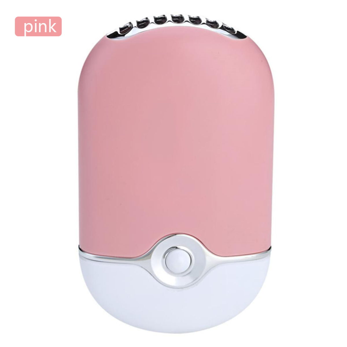 Rosa Handventilator mit weißem Boden. Der Ventilator hat einen Ein-/Ausschalter und silberne Zierleisten.