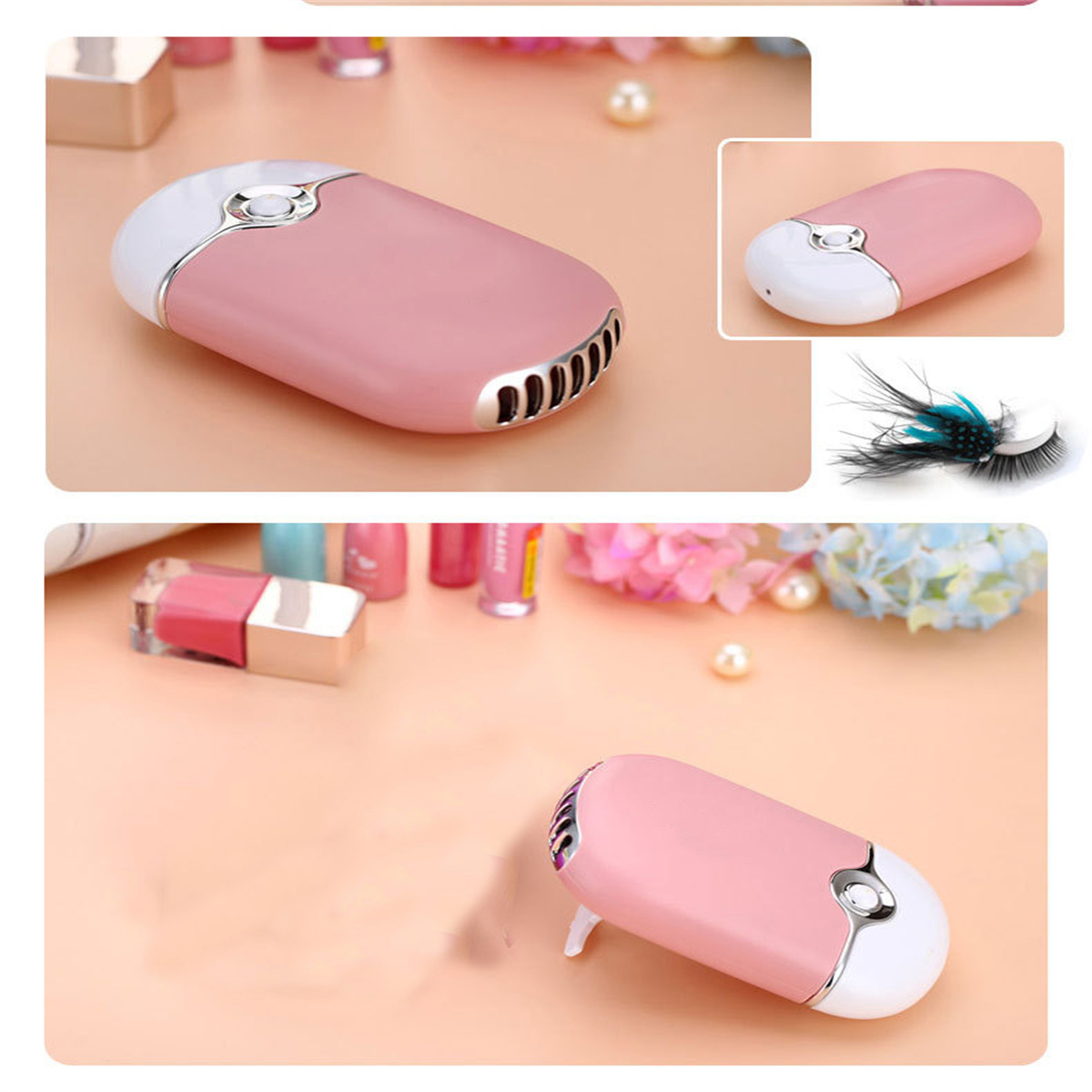 Pinker Handventilator mit weißem Oberteil und kleinem pinken Ventilator. Wimpern und pinker Hintergrund.