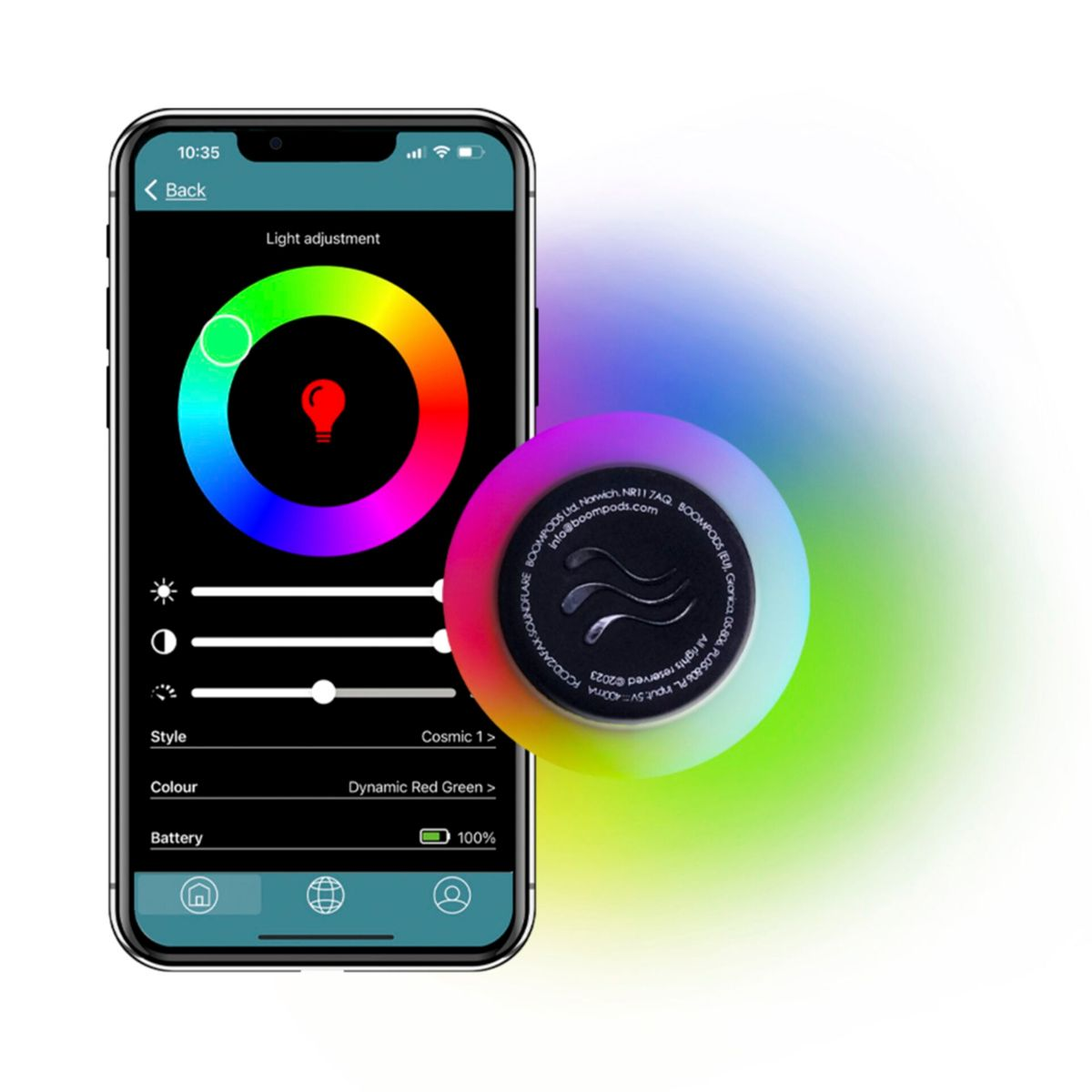 Smartphone-Bildschirm mit Lichteinstellungsoptionen und Farbrad mit Licht.