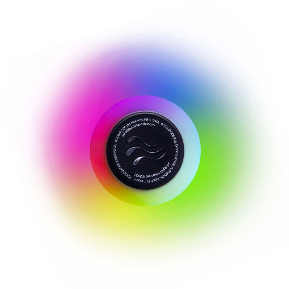 Ein leuchtender Kreis mit Regenbogenfarben. Text befindet sich auf der Oberfläche.
