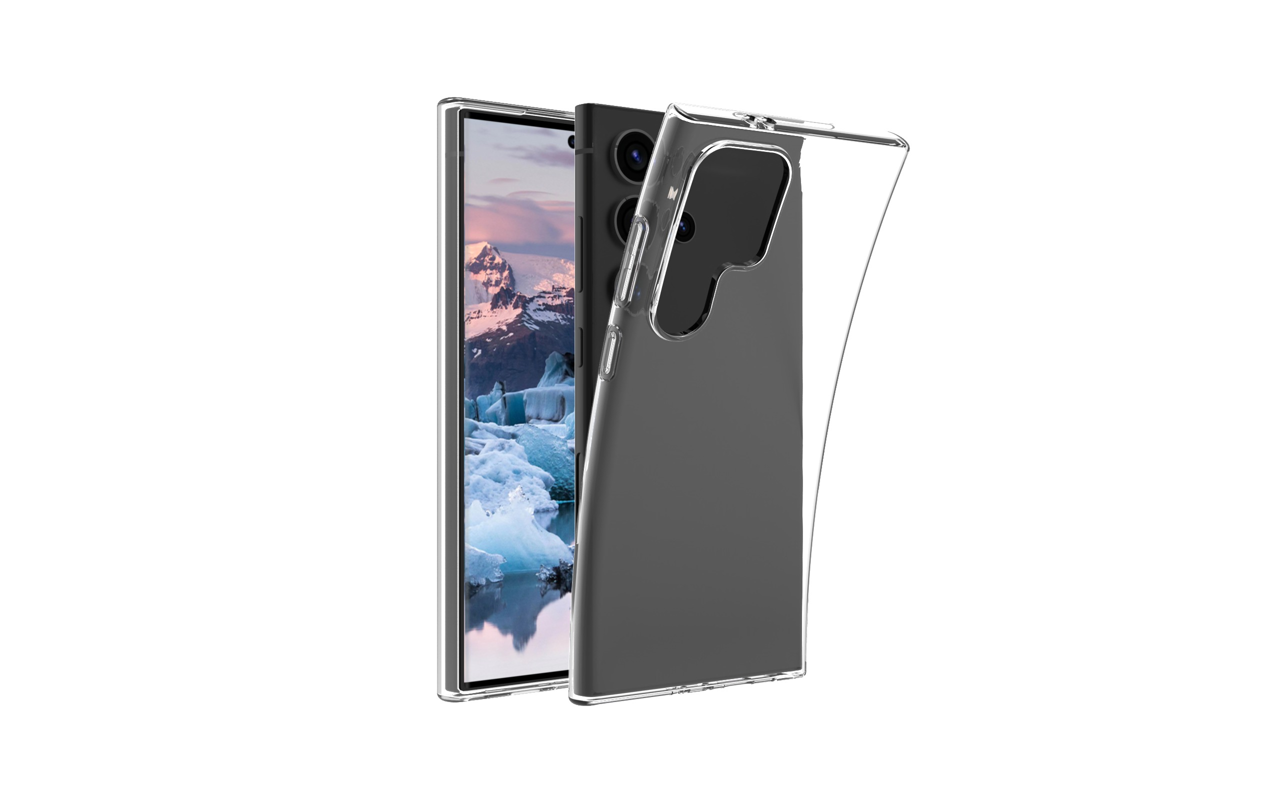 Smartphone in einer transparenten Hülle, mit weißem Hintergrund.