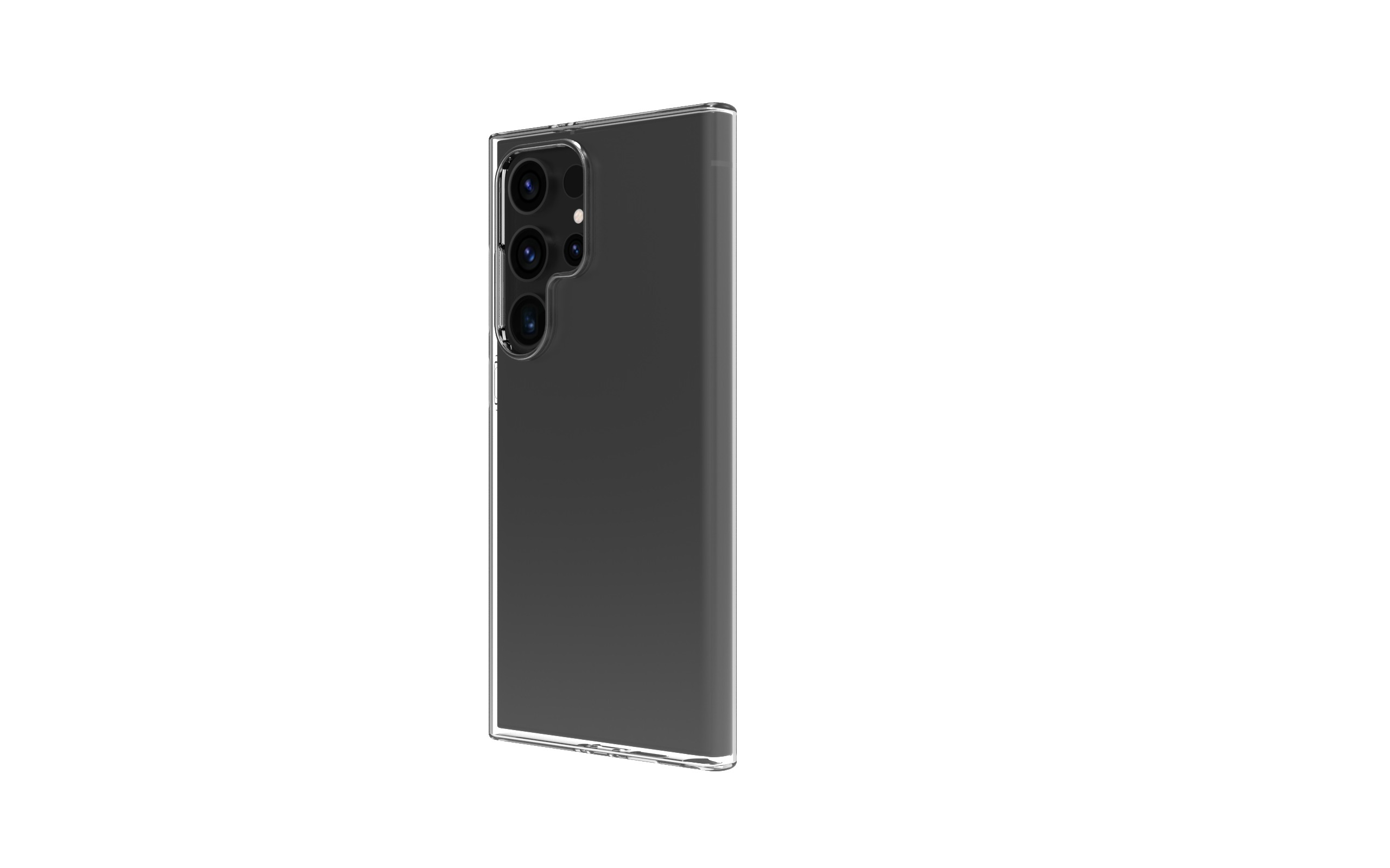 Schwarzes Telefon mit drei Kameras in einer transparenten Hülle. Weißer Hintergrund.