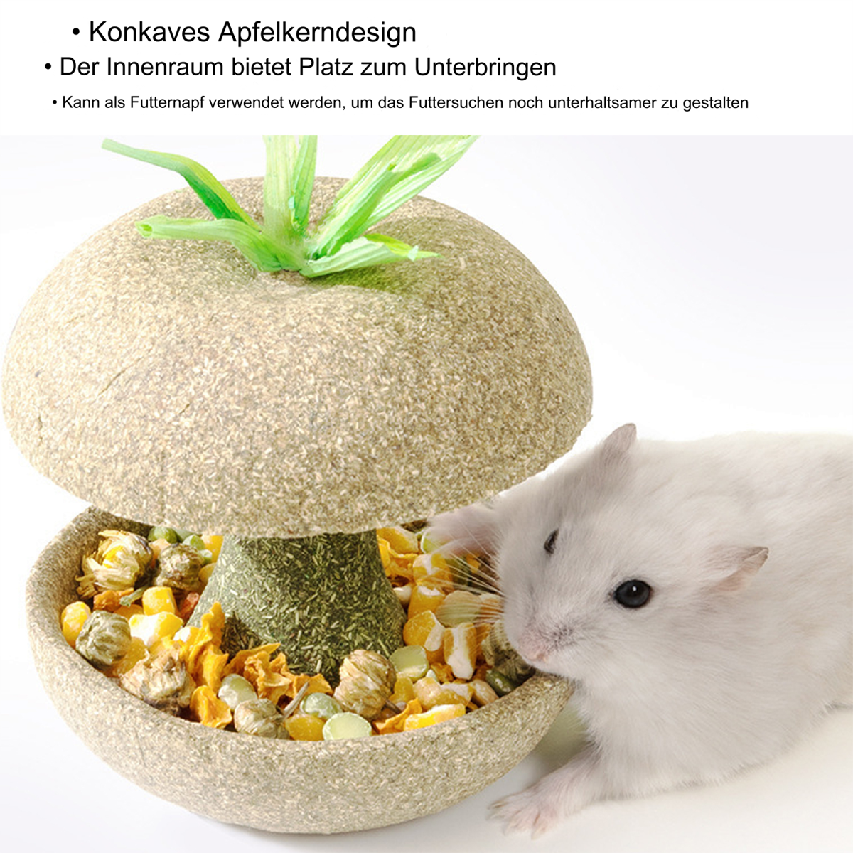 Ein Hamster, der aus einer pilzförmigen Futterschüssel frisst.