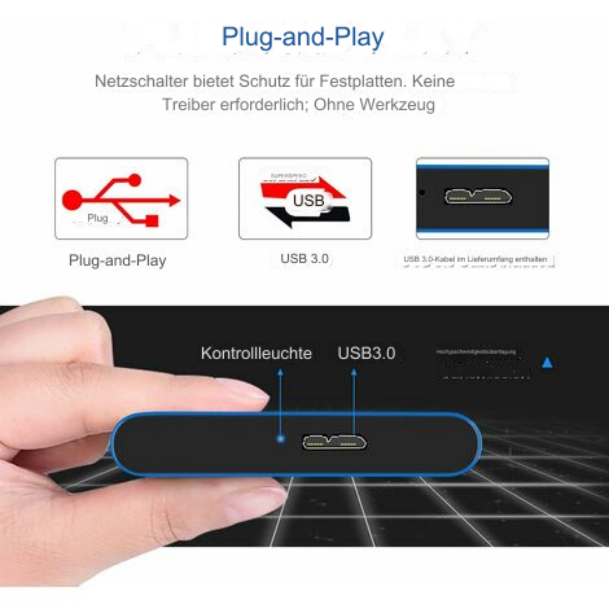 Ein USB 3.0-Hub mit USB-Kabel und Symbolen, gehalten in einer Hand.