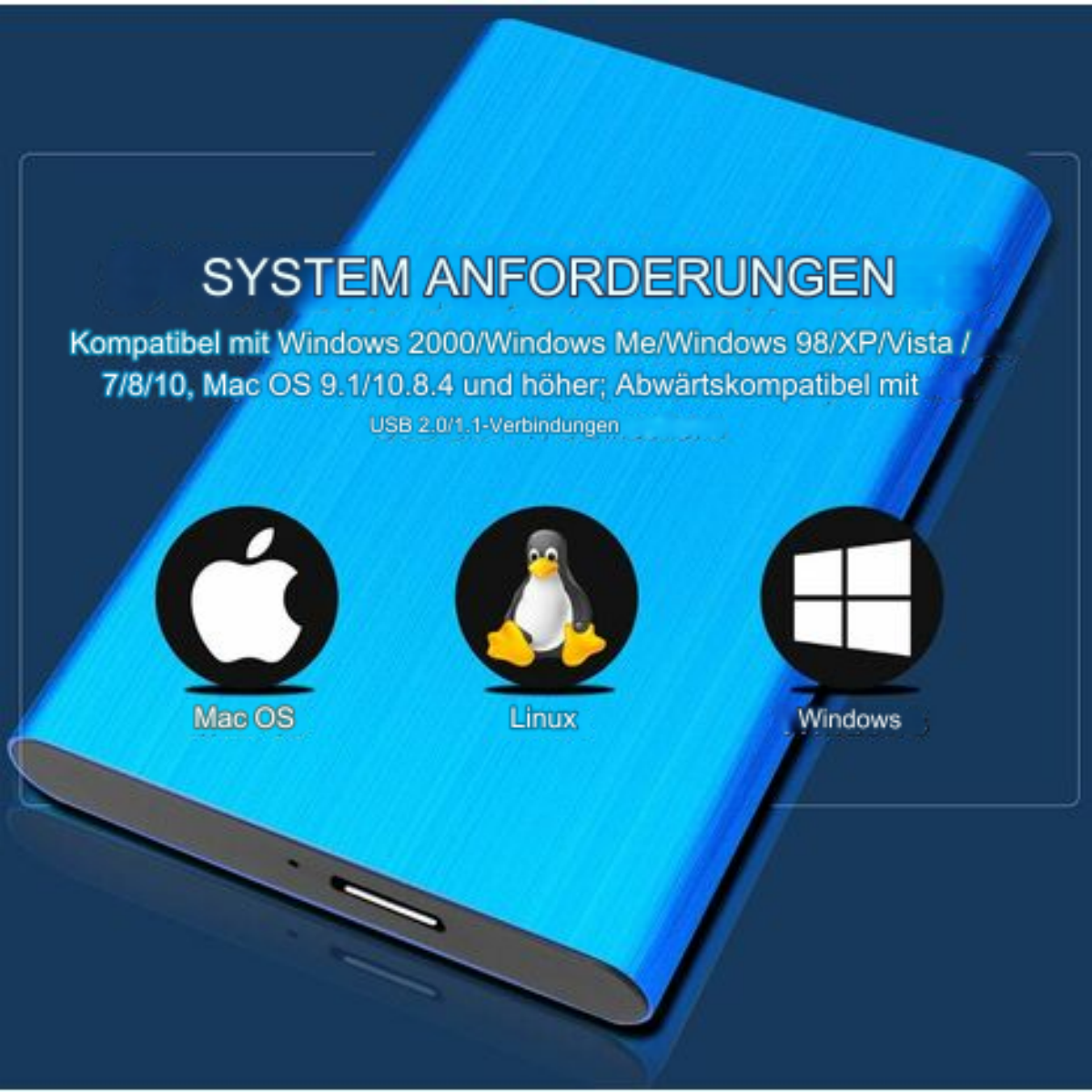 Blaue externe Festplatte mit Text, auf weißem Hintergrund, mit Mac-, Linux- und Windows-Symbolen.