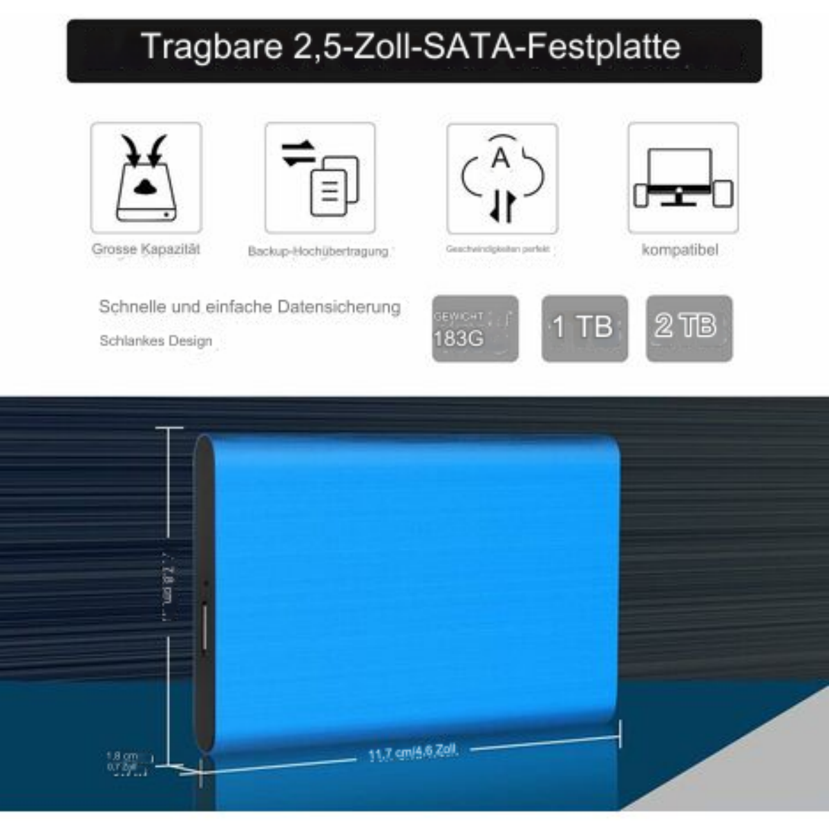 Blaue externe Festplatte mit Spezifikationen. Zeigt Abmessungen, Kapazität und andere Daten auf weißem Hintergrund.