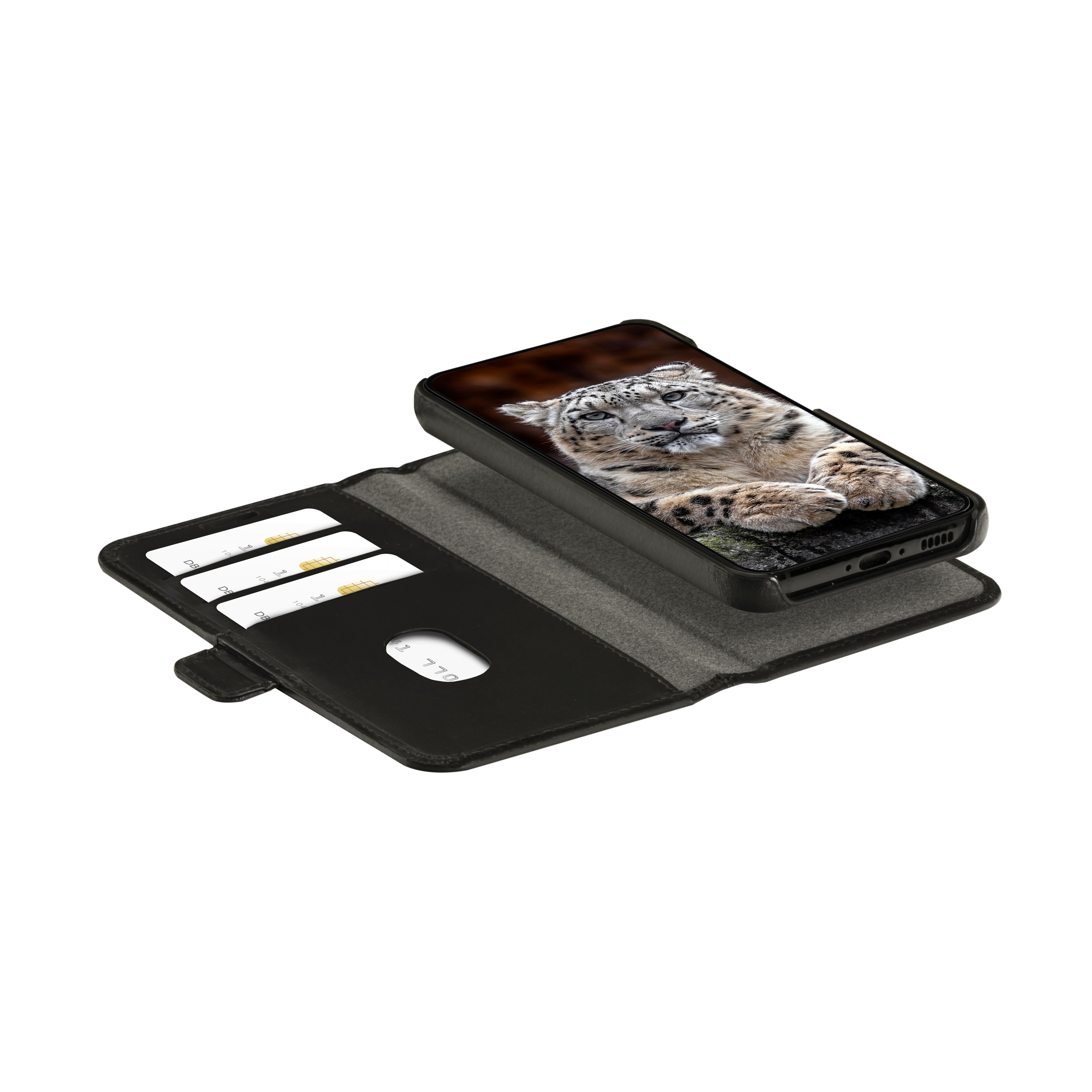Schwarze Handyhülle mit Handy, das ein Schneeleopardenbild und Kreditkarten zeigt.