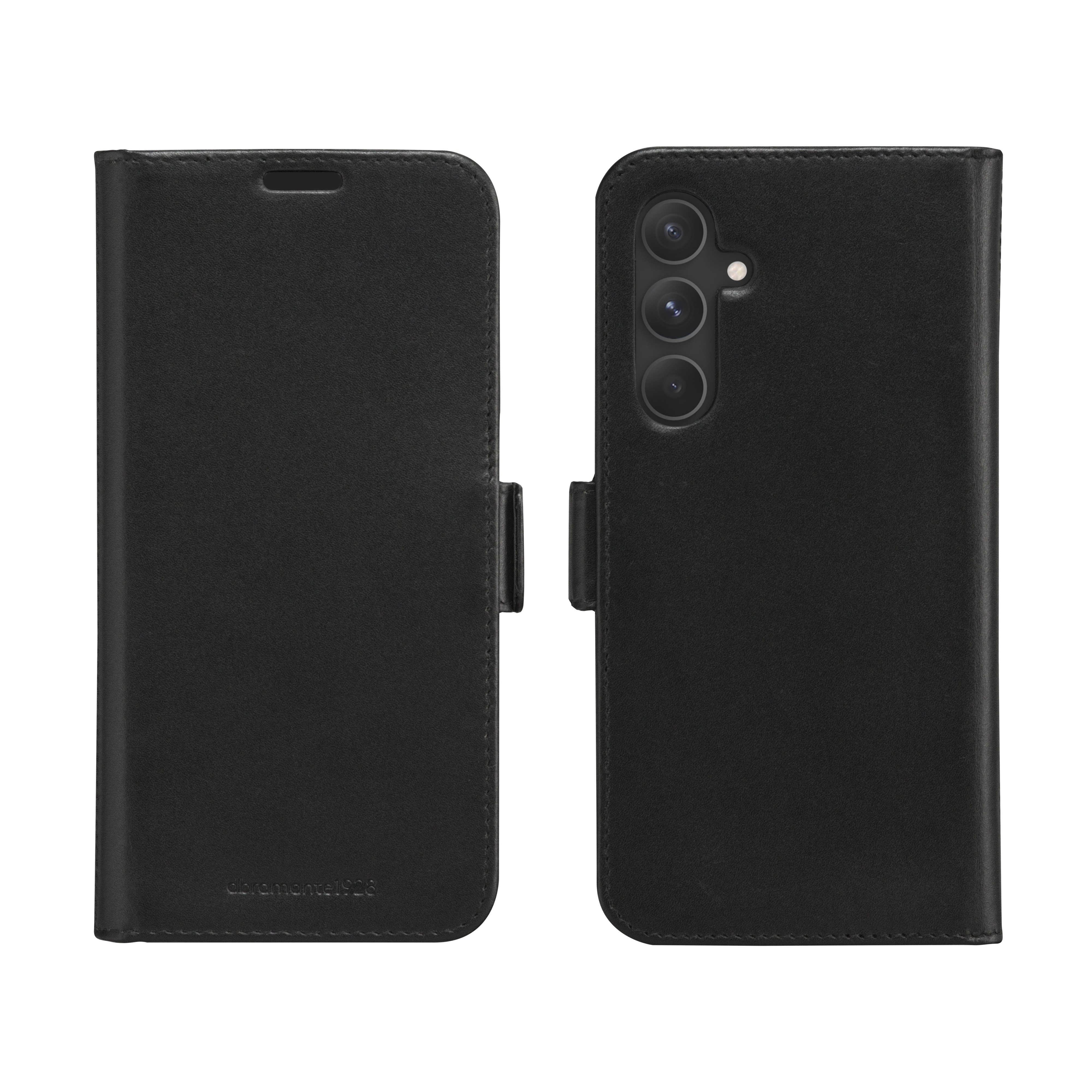 Schwarze Handyhülle, geöffnet, zeigt das Handy und eine schwarze Oberfläche mit Magnetverschluss.