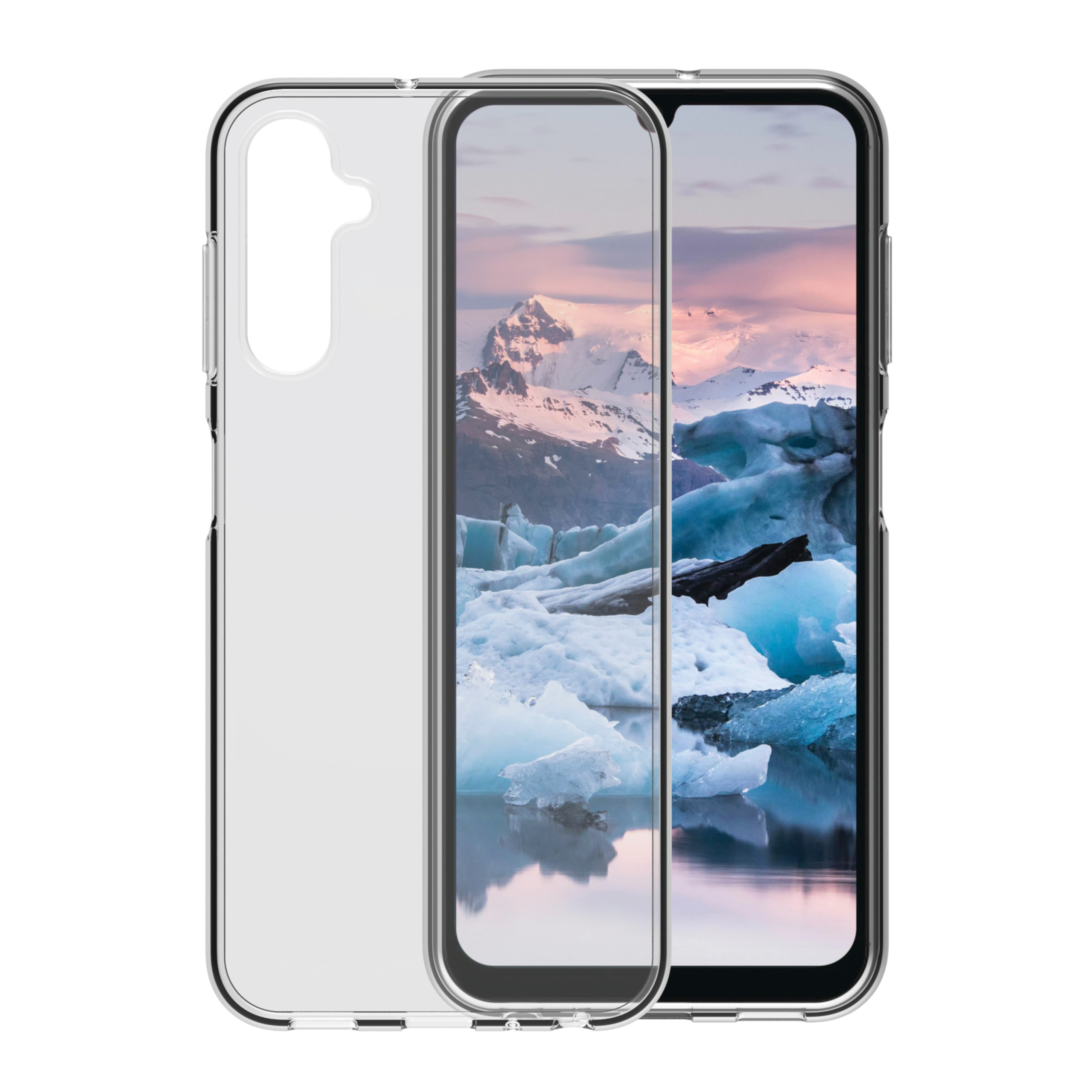 Eine transparente Handyhülle mit einem Handy, das eine schneebedeckte Landschaft zeigt.