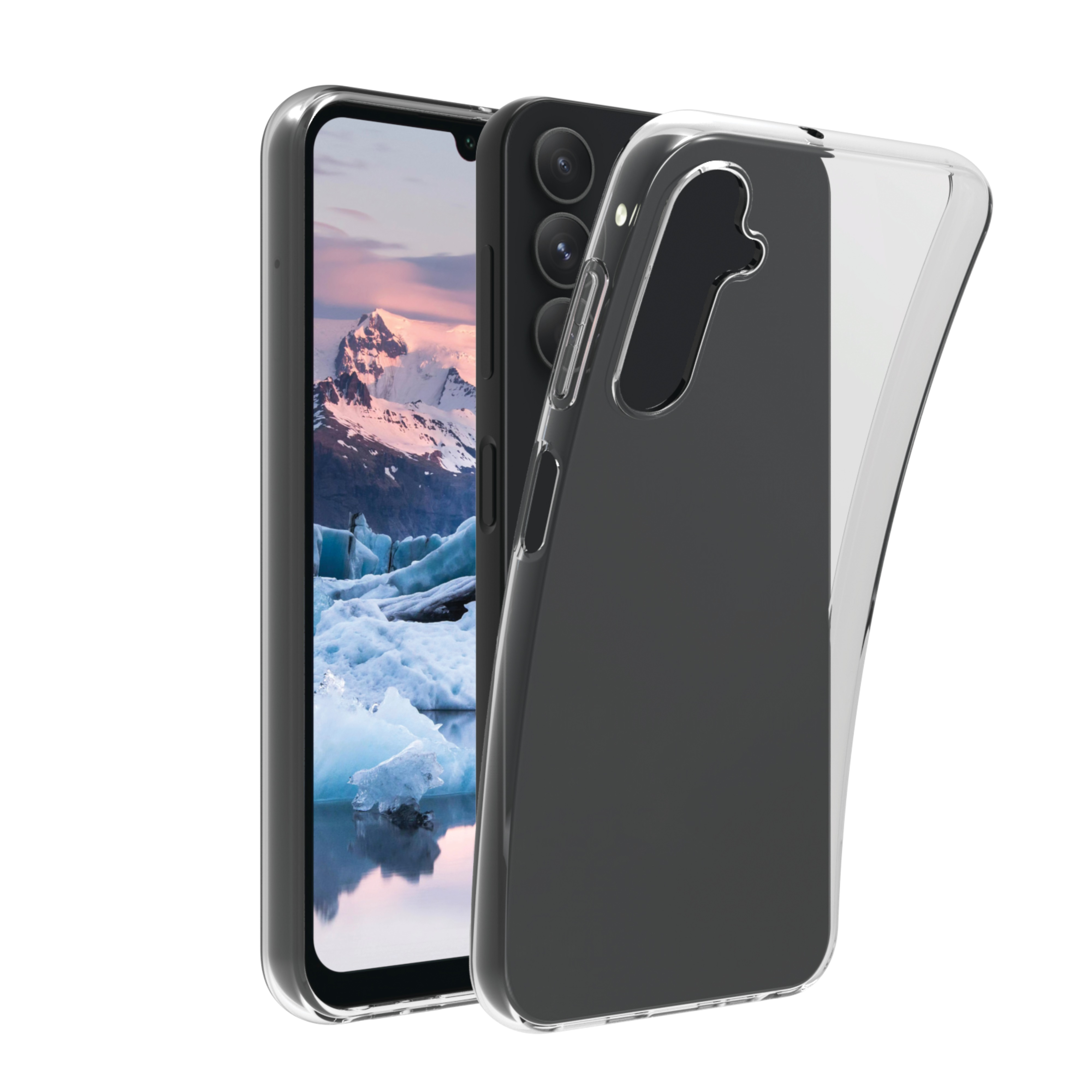 Schwarzes Telefon in klarer Hülle, mit anderem Telefon dahinter. Weißer Hintergrund, Telefon mit Eis und Bergen.