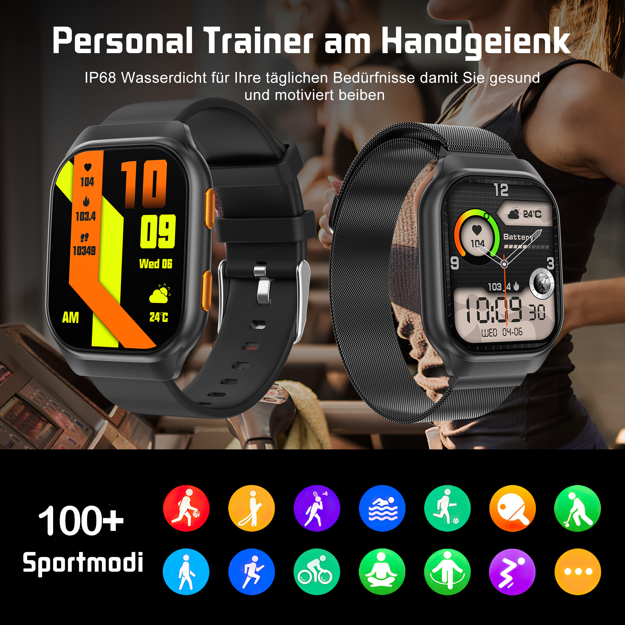 Zwei Smartwatches mit schwarzen Armbändern, zeigen verschiedene Bildschirme und Aktivitätssymbole darunter.