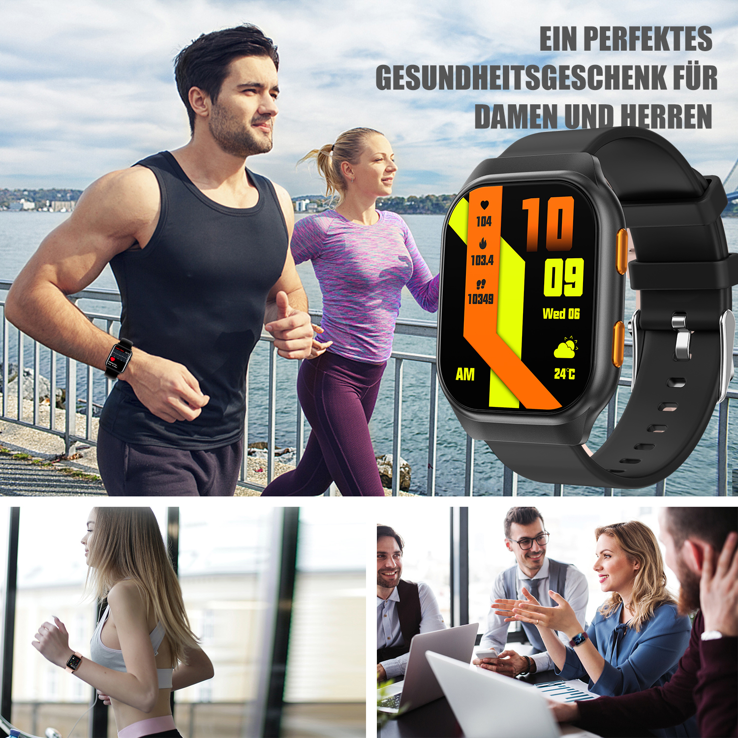 Menschen rennen am Wasser, Smartwatch zeigt Daten. Text: Ein perfektes Gesundheitsgeschenk für Damen und Herren.