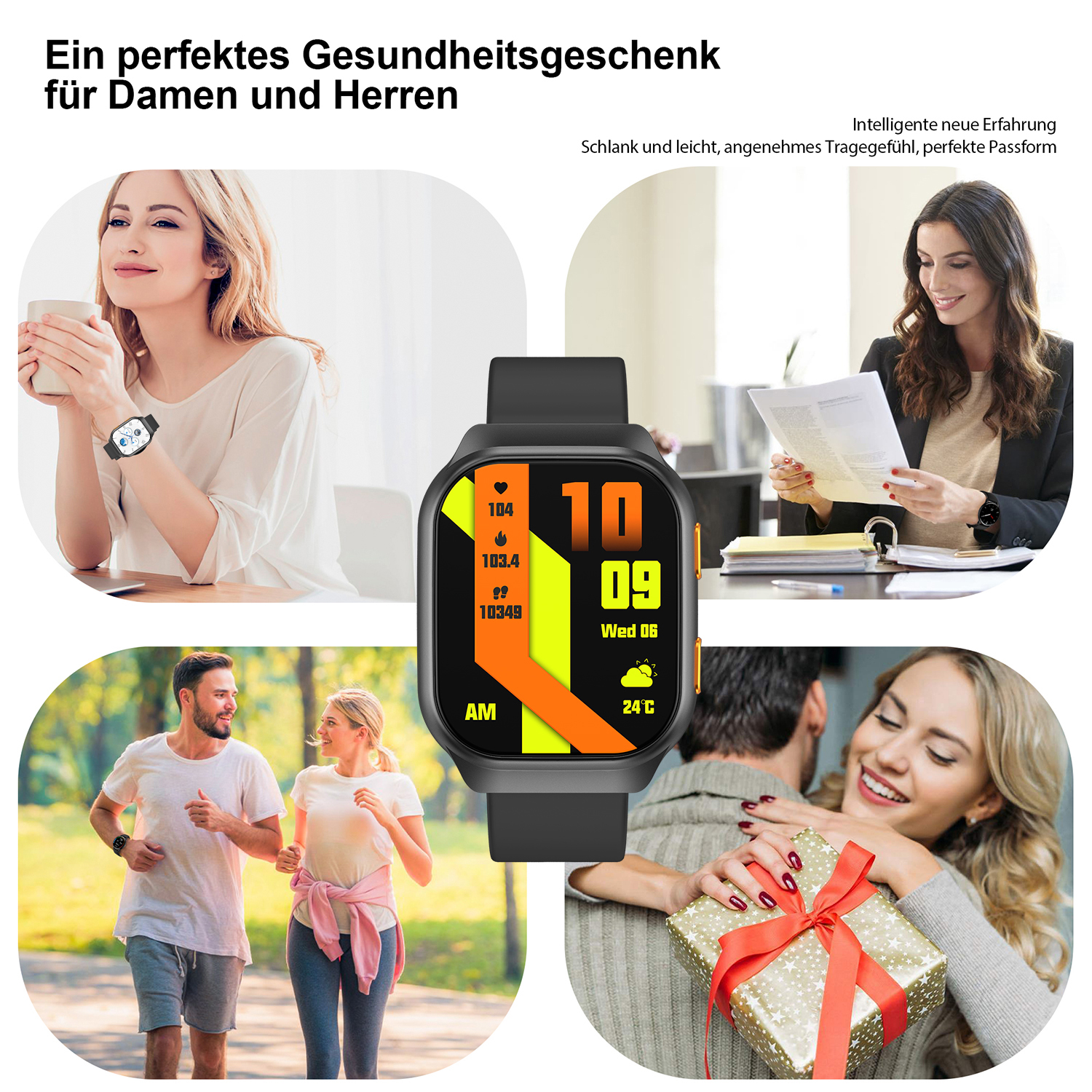 Eine Smartwatch mit schwarzem Armband, die Zeit und Gesundheitsmetriken zeigt, in Szenen mit verschiedenen Personen.