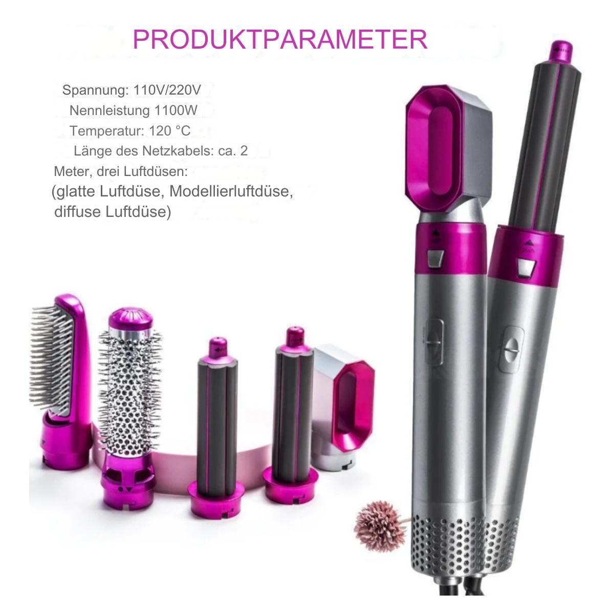 Haarstyling-Werkzeug mit mehreren Aufsätzen, silber und pink, mit Produktinformationen oben.
