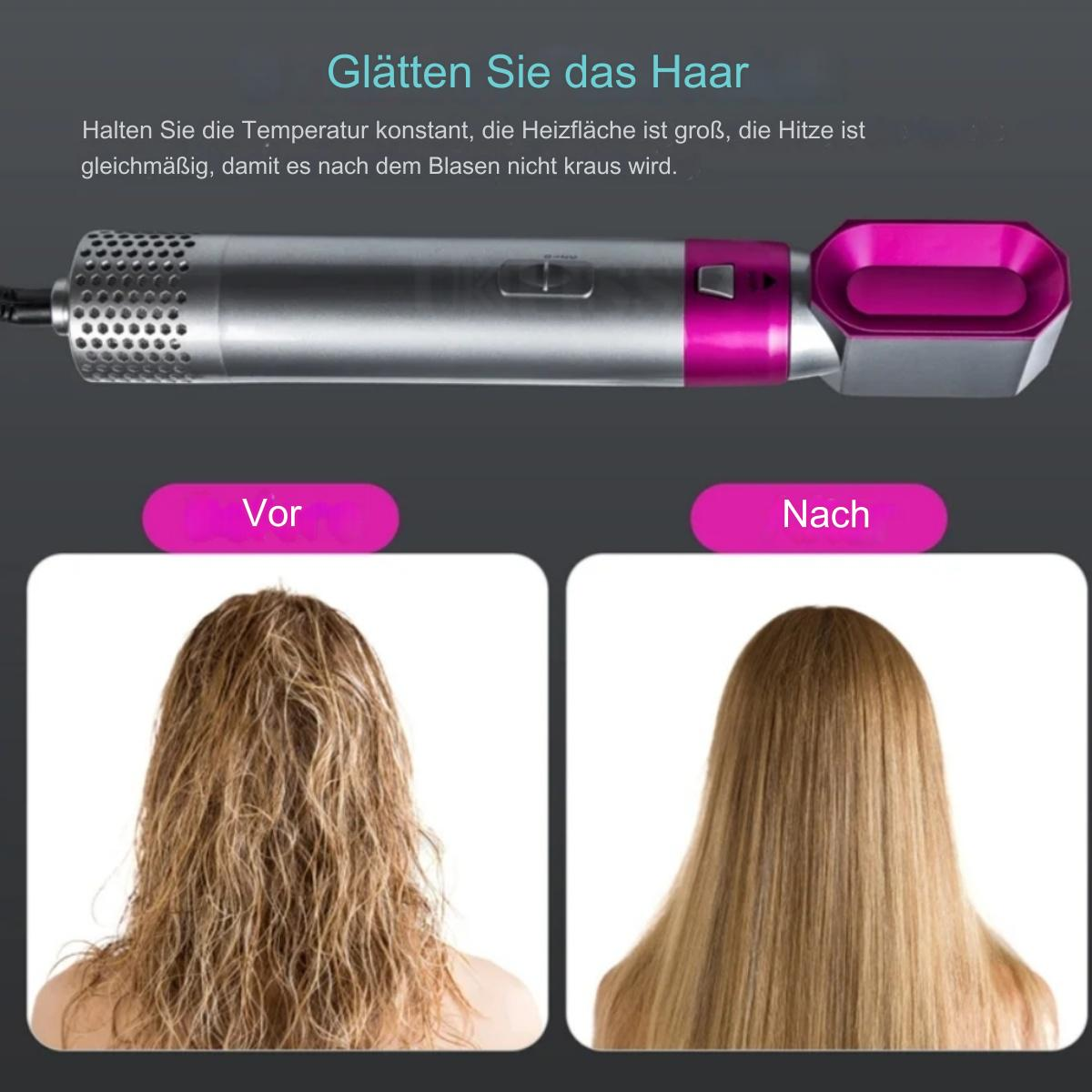 Haarstyling-Tool mit Vorher- und Nachher-Bildern des Haares. Das Werkzeug ist silber und pink.