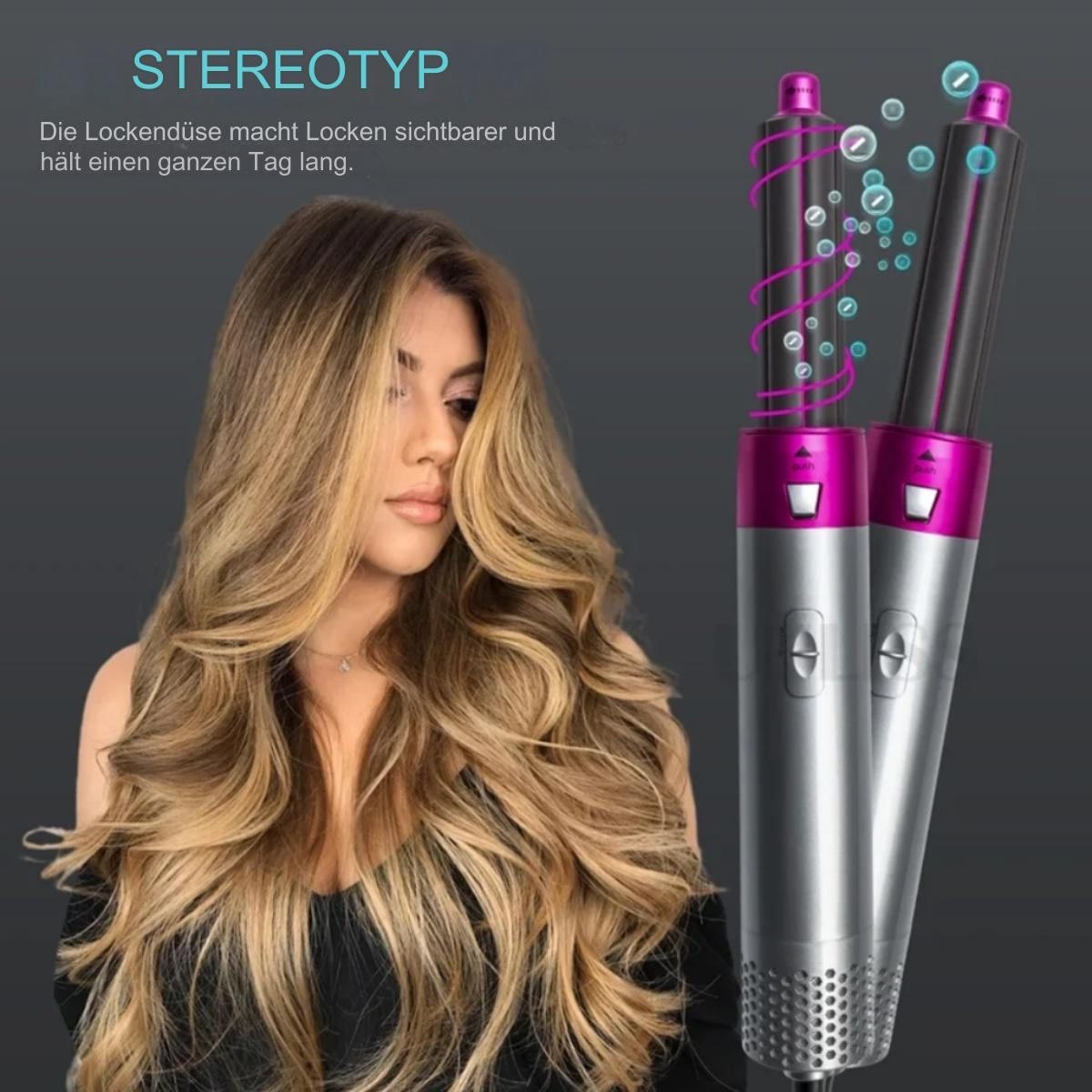 Eine Frau mit langen, welligen Haaren und Styling-Tools für Locken.
