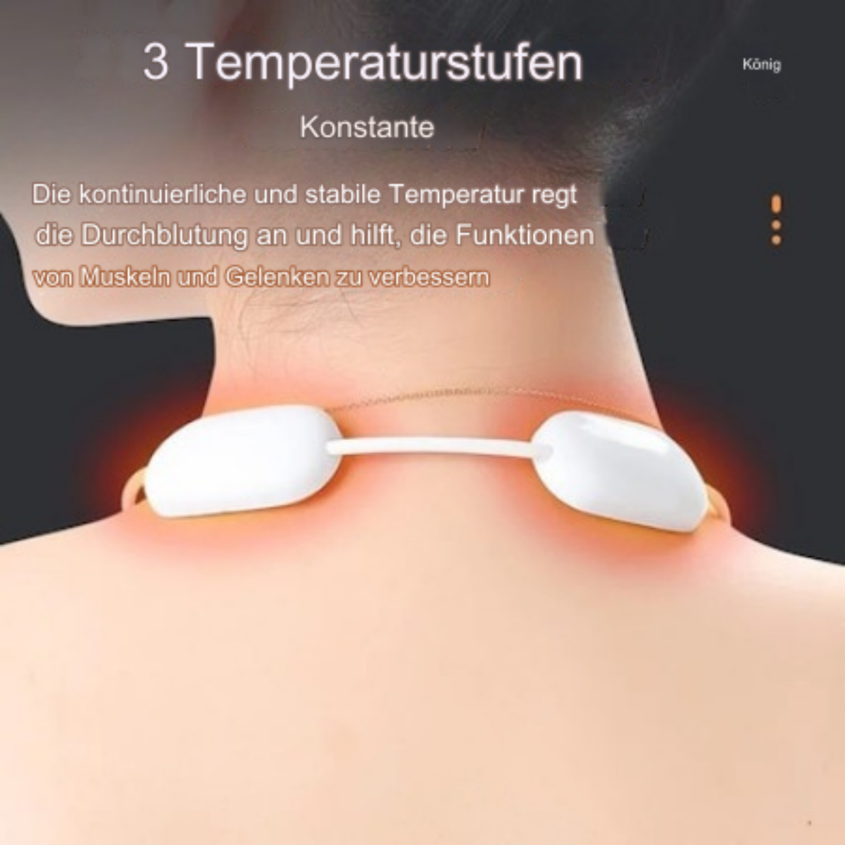 Ein Nackenmassagegerät am Hals einer Person, mit Text auf Deutsch über Temperaturstufen.
