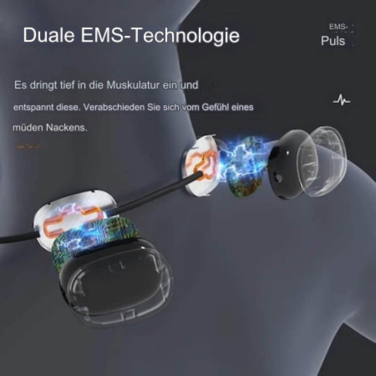 Hals einer Person mit einem Gerät, das die Dual-EMS-Technologie zur Muskelentspannung demonstriert.
