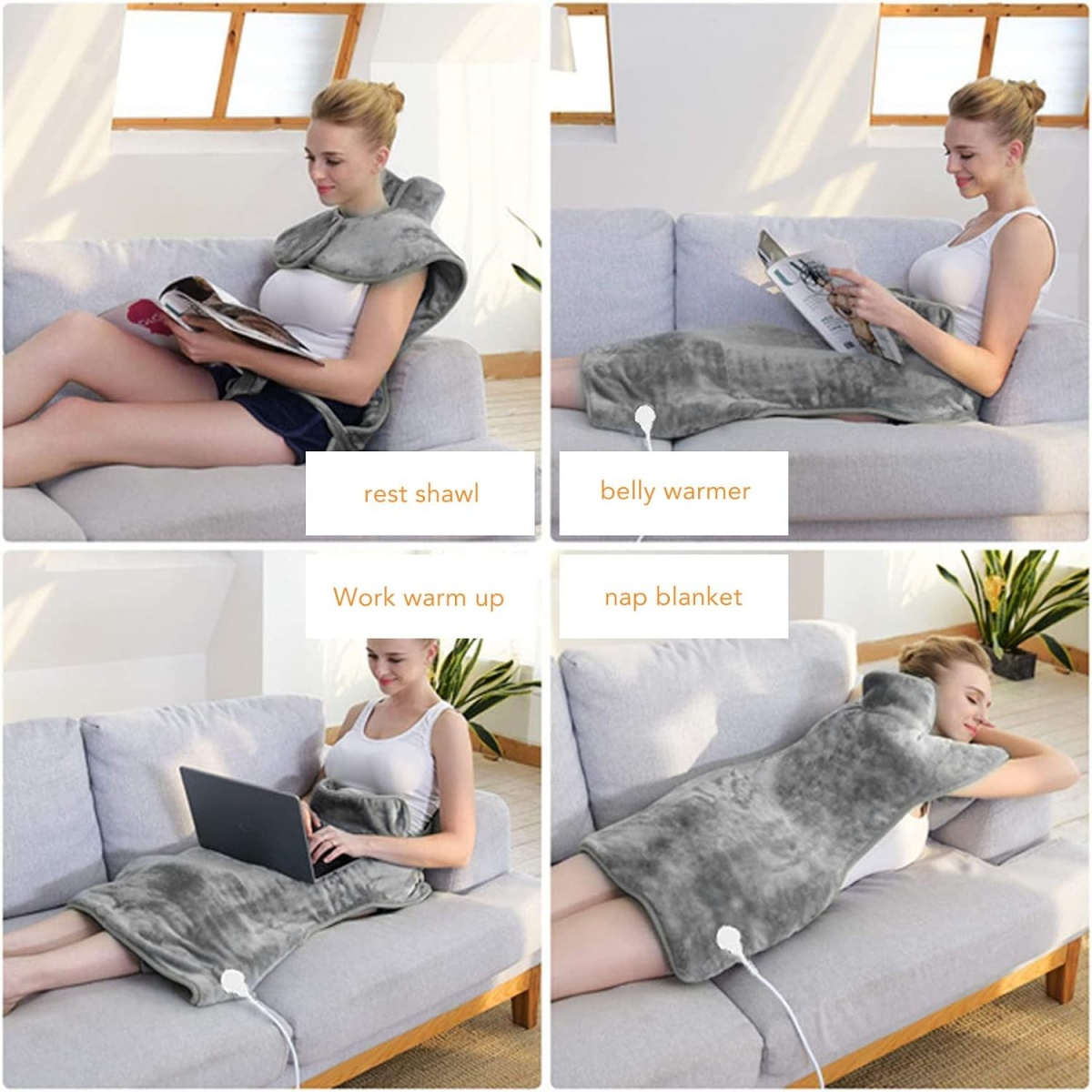 Vier Bilder zeigen Frauen, die ein graues Heizkissen in verschiedenen Positionen benutzen.