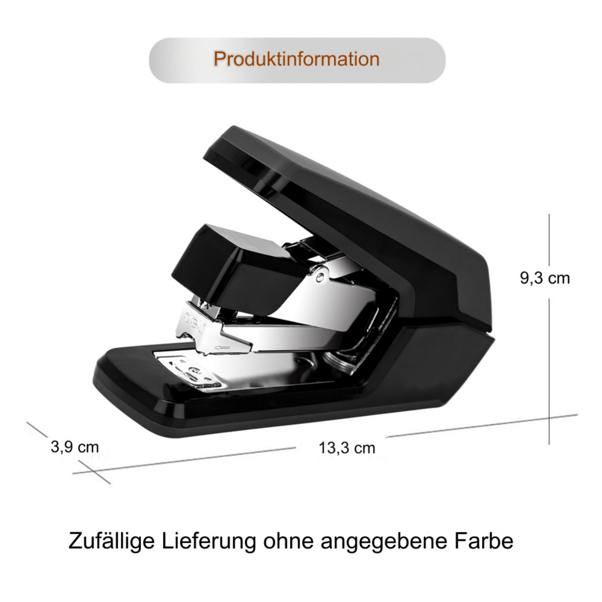 Schwarzer Tacker mit Maßen. Text: Zufällige Lieferung ohne angegebene Farbe.