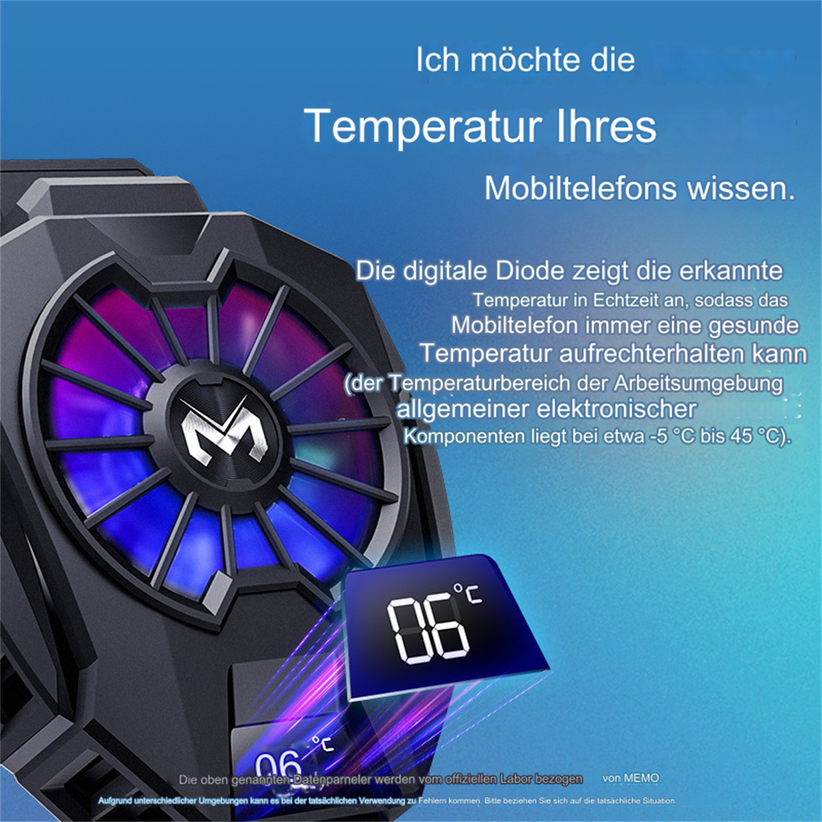 Schwarzes Gerät mit Digitalanzeige '06'. Lila und blaue Beleuchtung sichtbar.