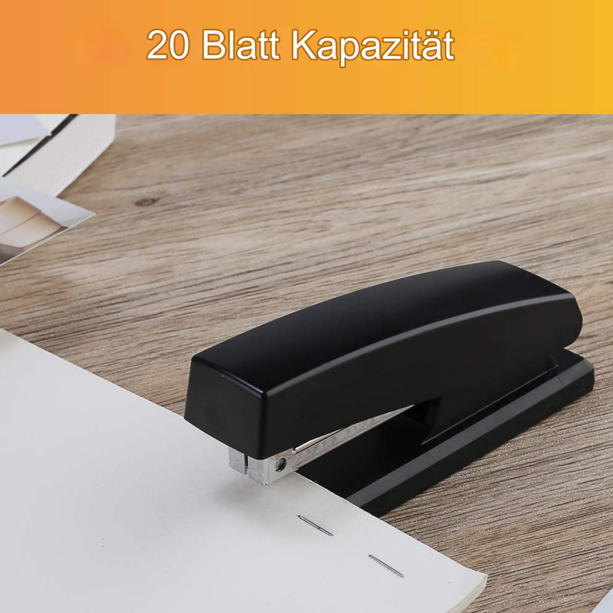 Schwarzer Tacker auf weißem Papier. Text: '20 Blatt Kapazität'.