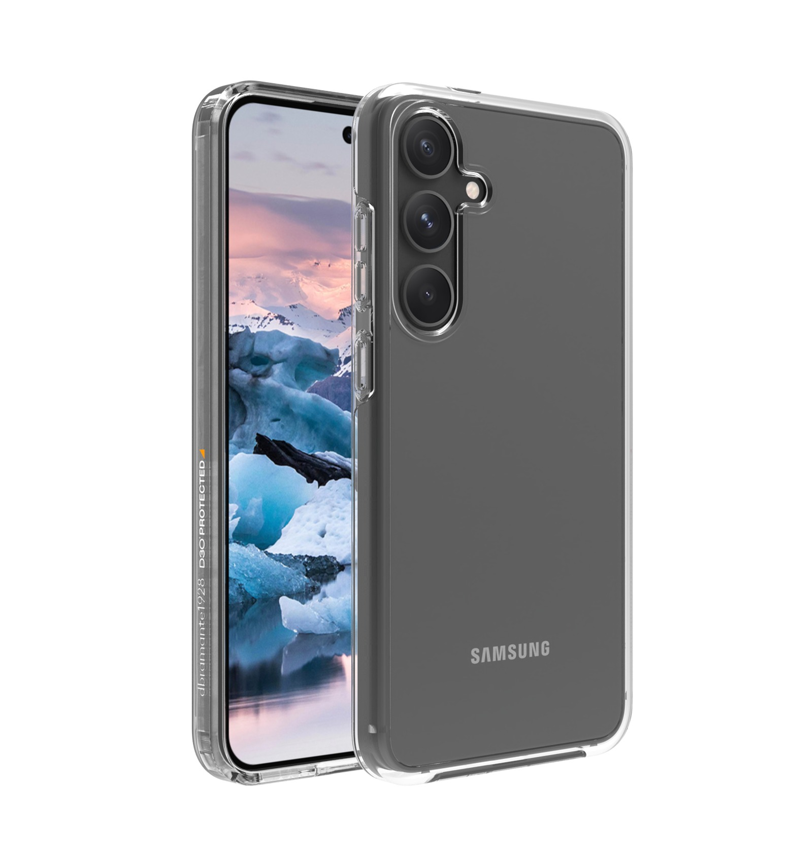 Transparente Handyhülle auf einem grauen Samsung-Telefon. Der Hintergrund zeigt eine Schneelandschaft.