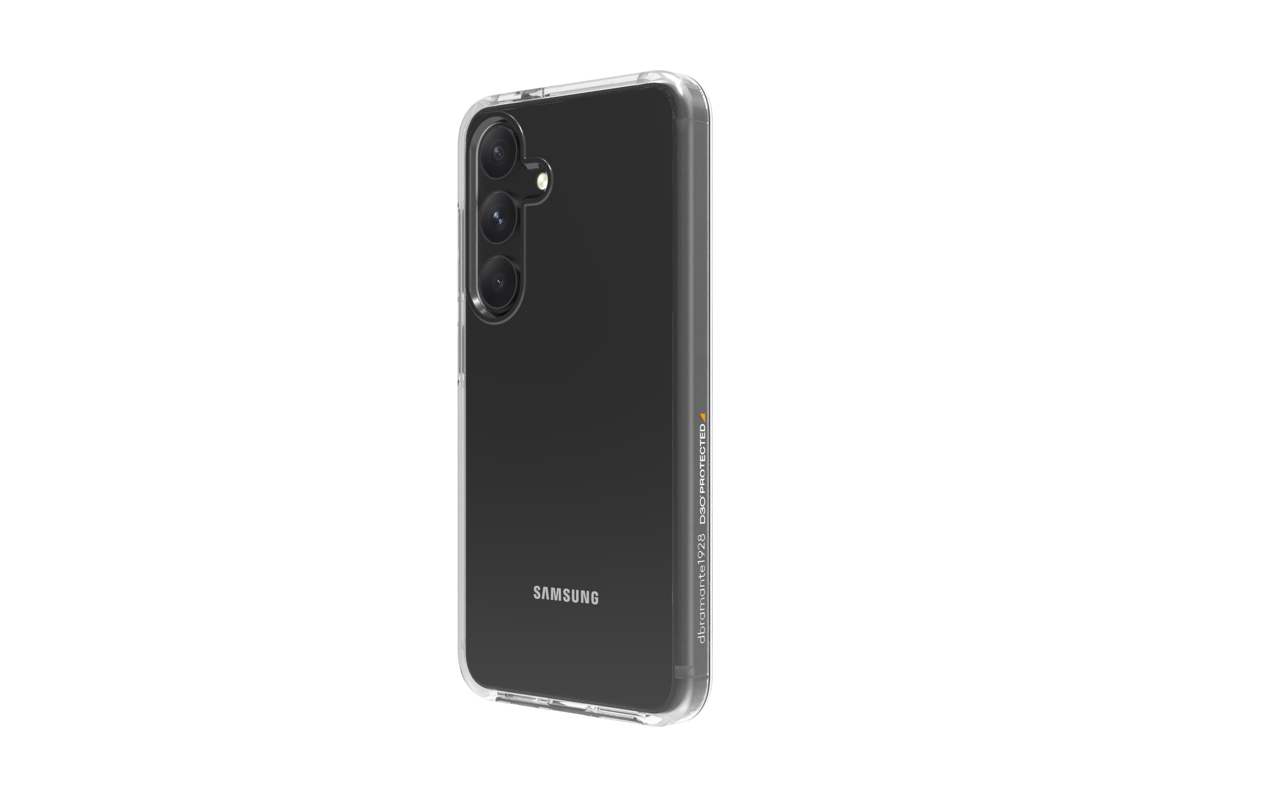 Schwarzes Smartphone in einer durchsichtigen Hülle. Das Samsung-Logo ist auf dem Telefon sichtbar.