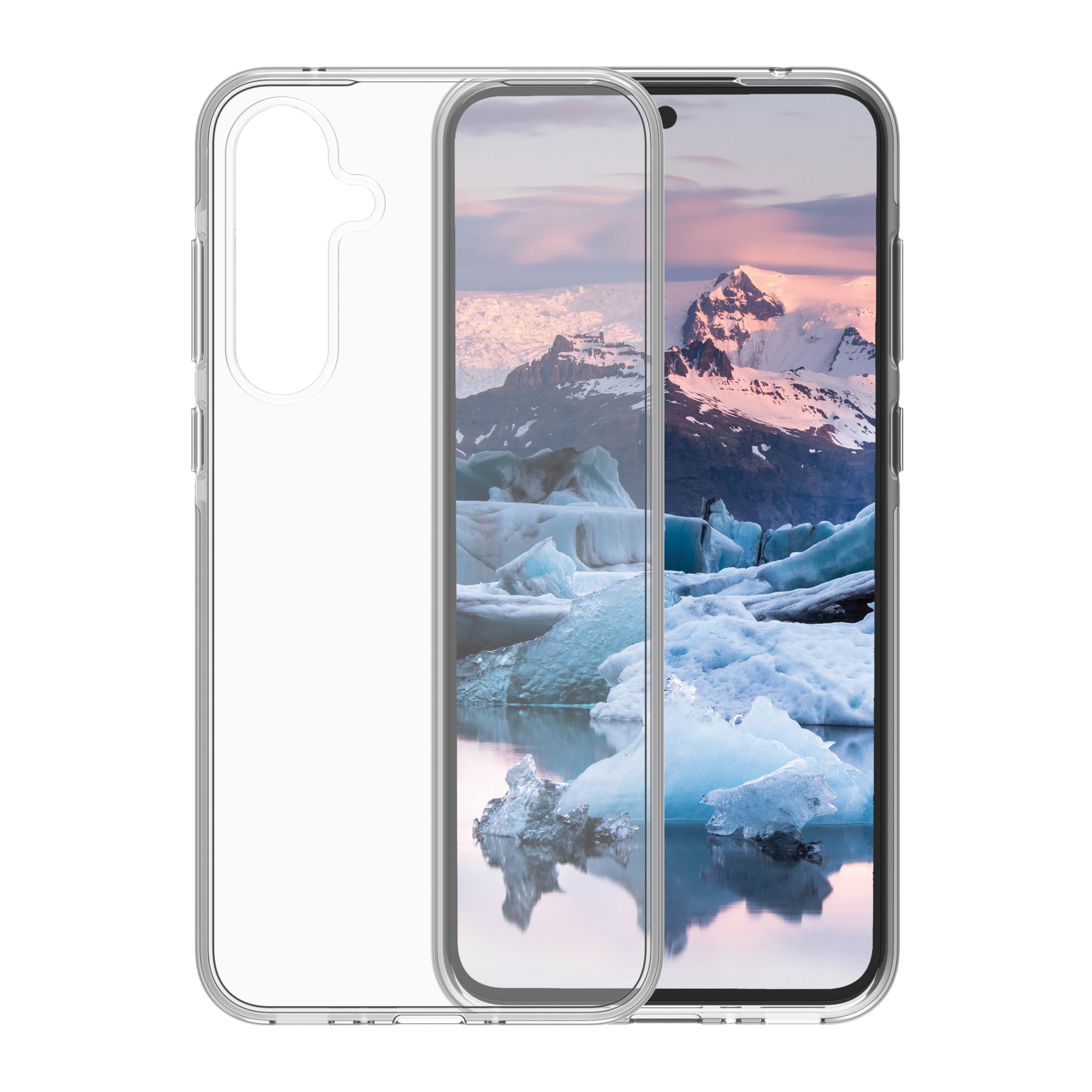 Una custodia trasparente per telefono su un telefono che mostra un paesaggio panoramico.