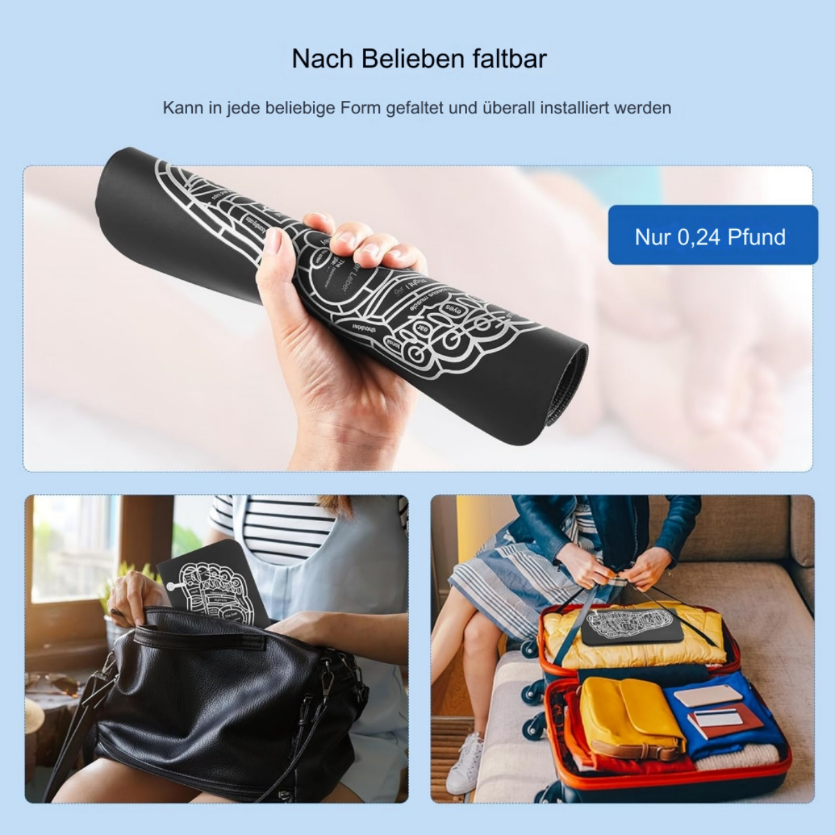 Eine schwarze Matte wird in der Anwendung gezeigt, aufgerollt, in einer Tasche und in einem Koffer.