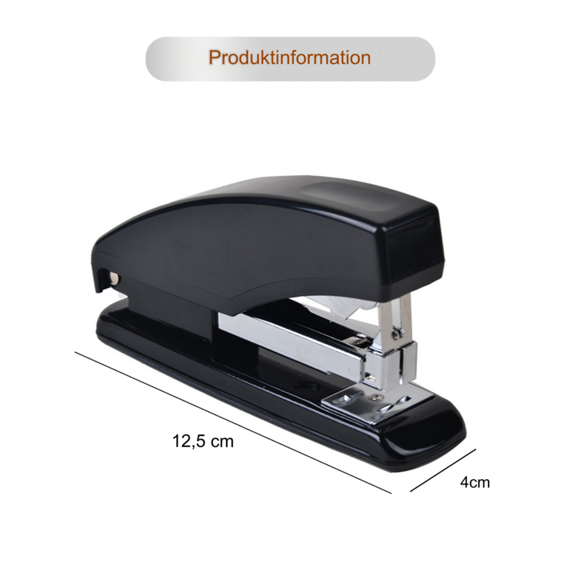 Schwarzer Tacker mit Maßen. Produktinformationsetikett. Weißer Hintergrund.