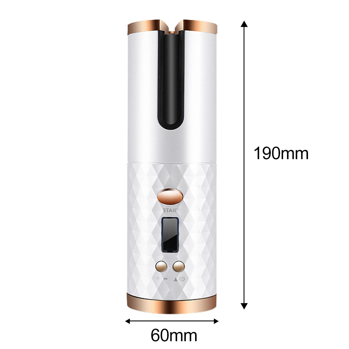 Weiß-goldener Haarcurler mit Maßen, ein digitales Display.