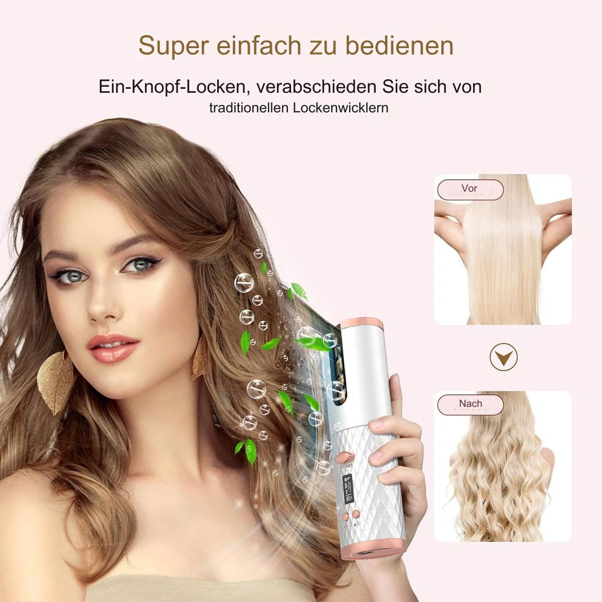 Frau mit Lockenstab. Vorher-Nachher-Bilder zeigen glattes Haar, das gelockt wird.