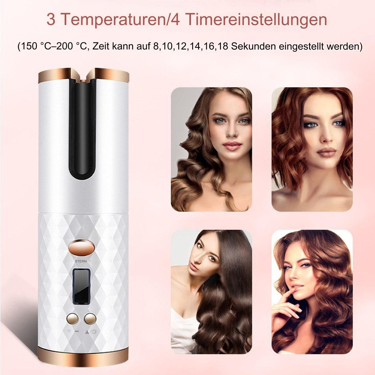 Haar Lockenstab mit Bildern von Frauen mit gelocktem Haar und Text über Temperatur/Zeiteinstellungen.