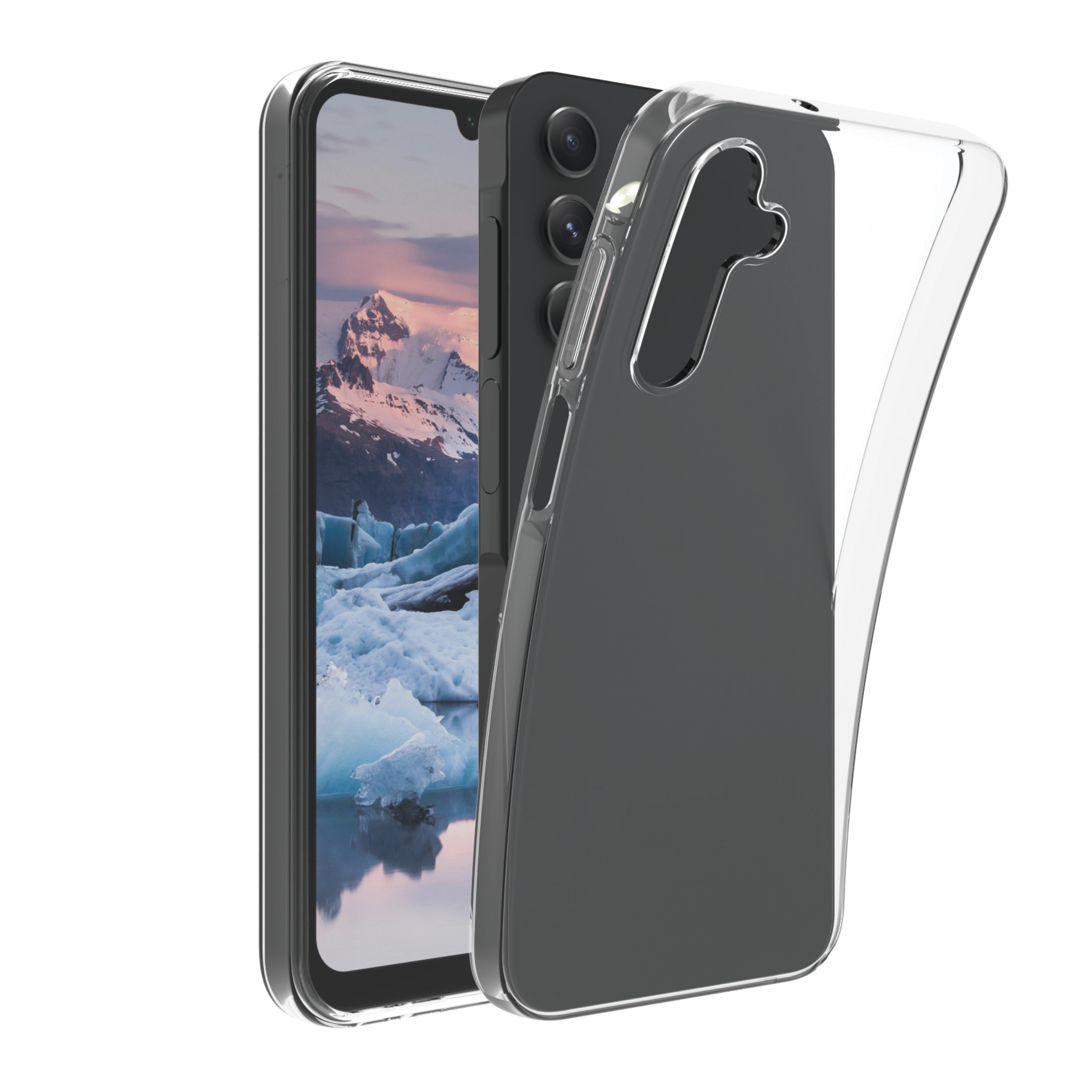 Transparente Handyhülle auf einem schwarzen Telefon, zeigt die Rückseite mit drei Linsen. Weißer Hintergrund.