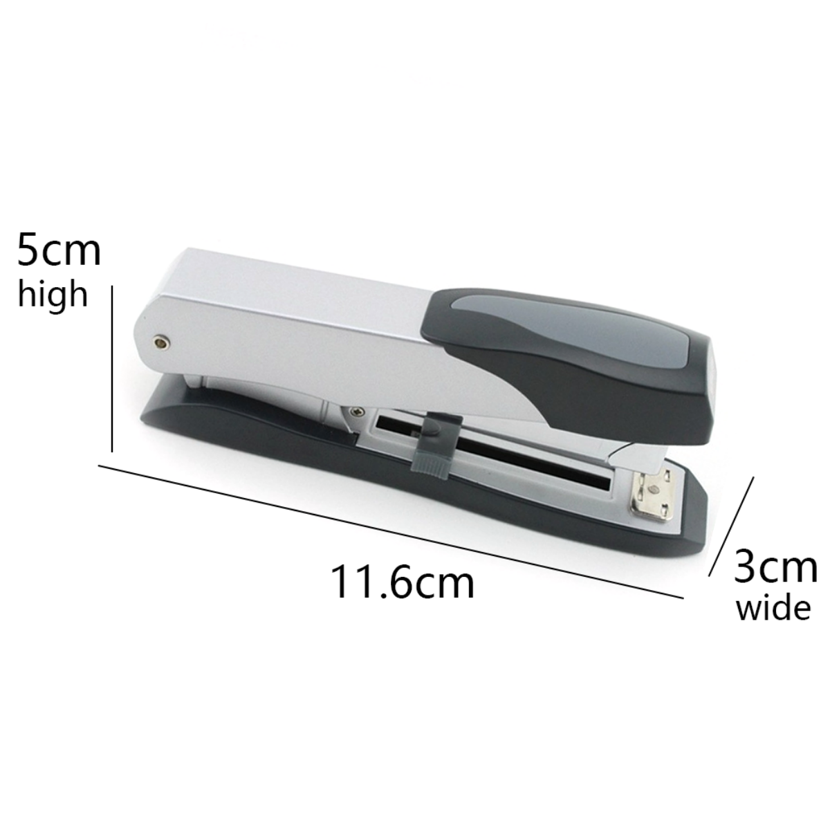 Silberner und schwarzer Tacker auf weißem Hintergrund, mit Maßangaben: 11,6 cm, 5 cm hoch, 3 cm breit.