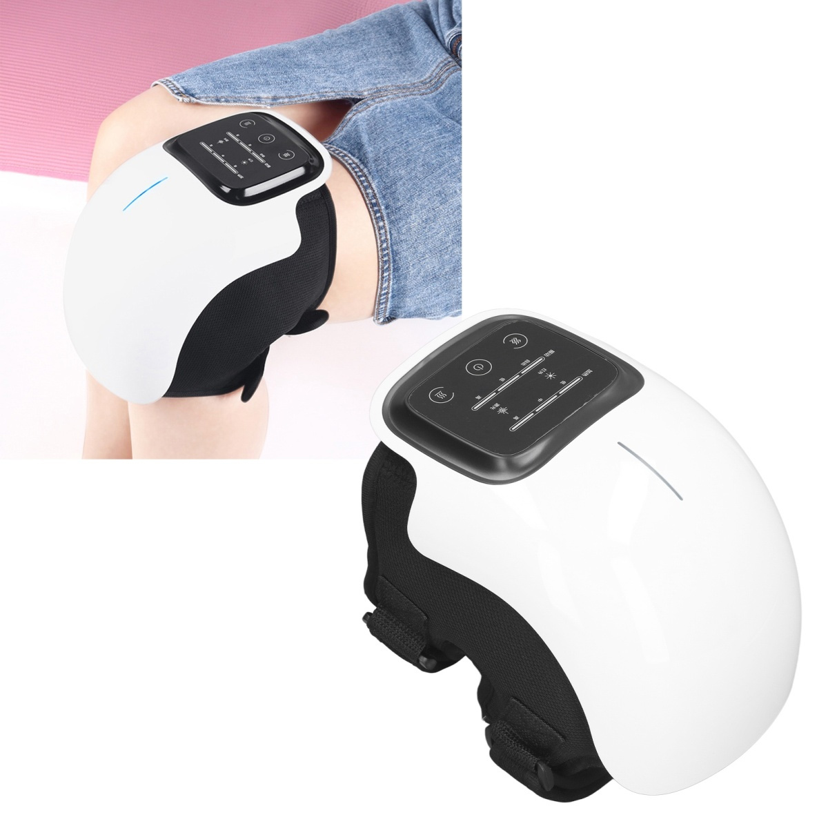 Weißer Knie-Massagegerät am Bein einer Person und eine separate Einheit. Beide haben Bedienfelder und schwarze Gurte.