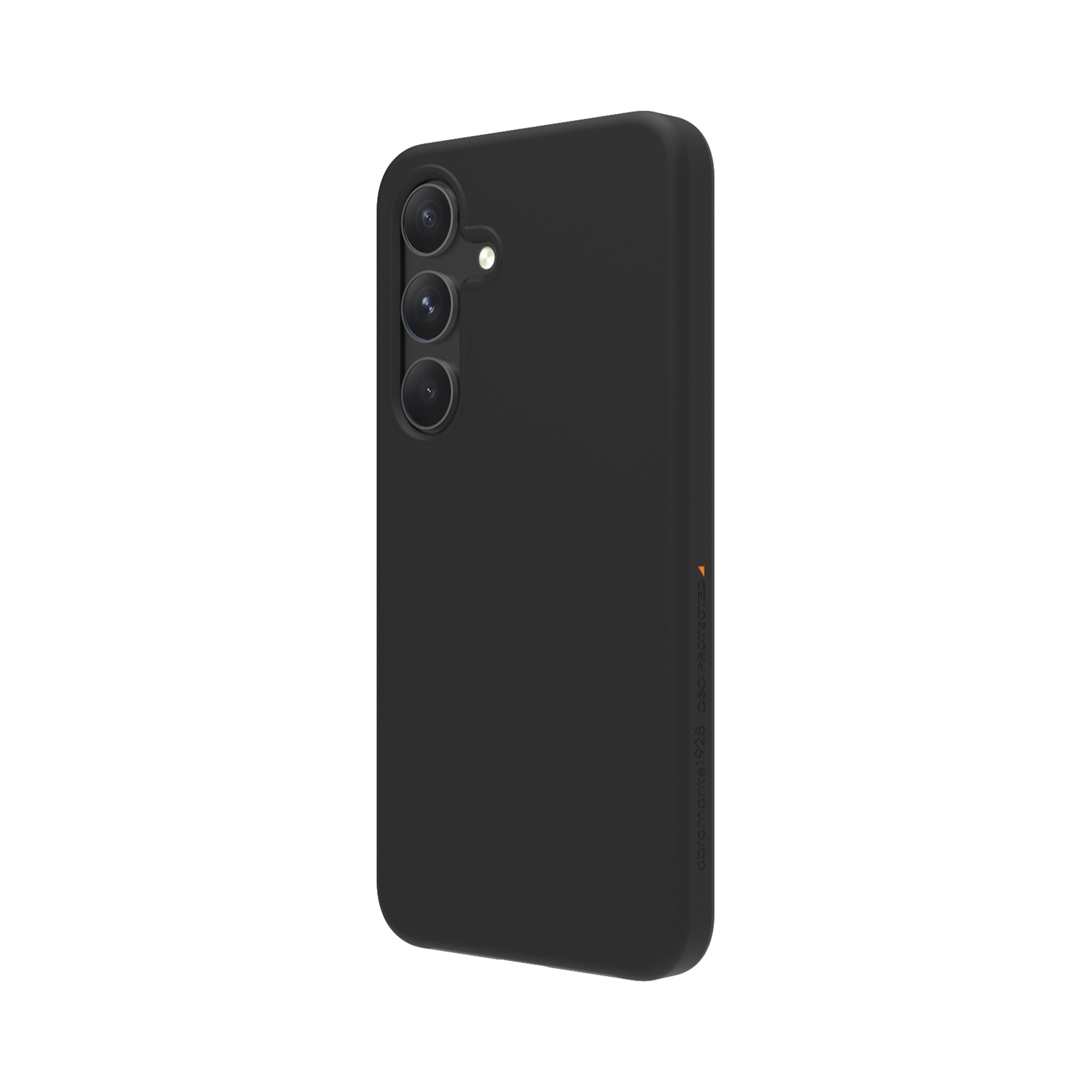 Una custodia per telefono nera con tre obiettivi e un logo arancione sottile sul lato.