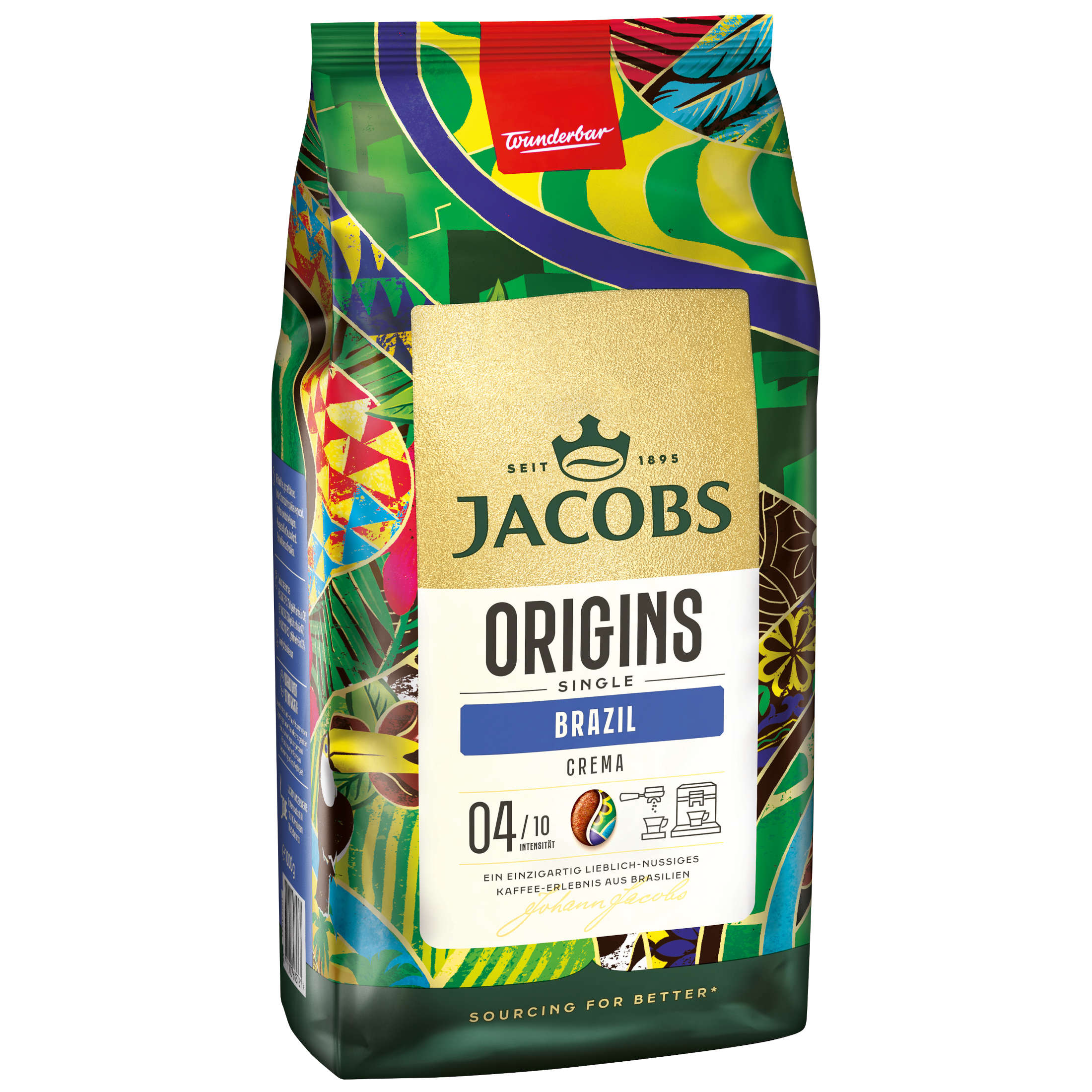 Jacobs Origins Kaffeepackung. Braune Tüte mit bunten Mustern. Weißer Hintergrund.