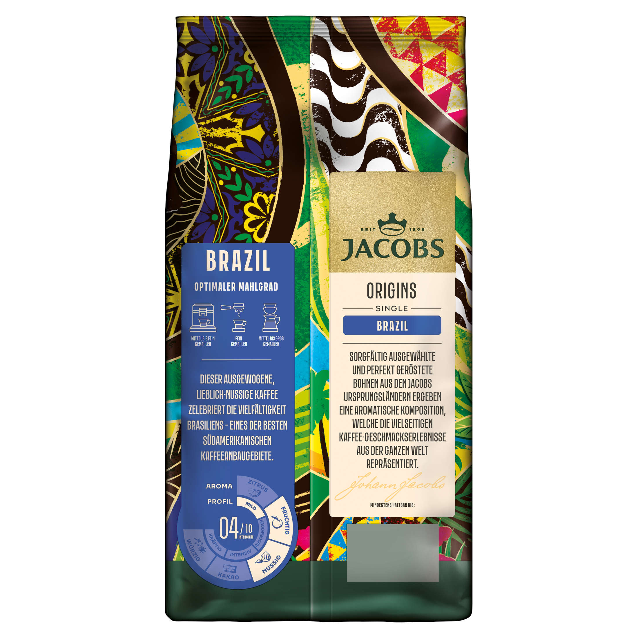 Beutel Jacobs Brazil Kaffee mit Text und Grafiken. Buntes Design.